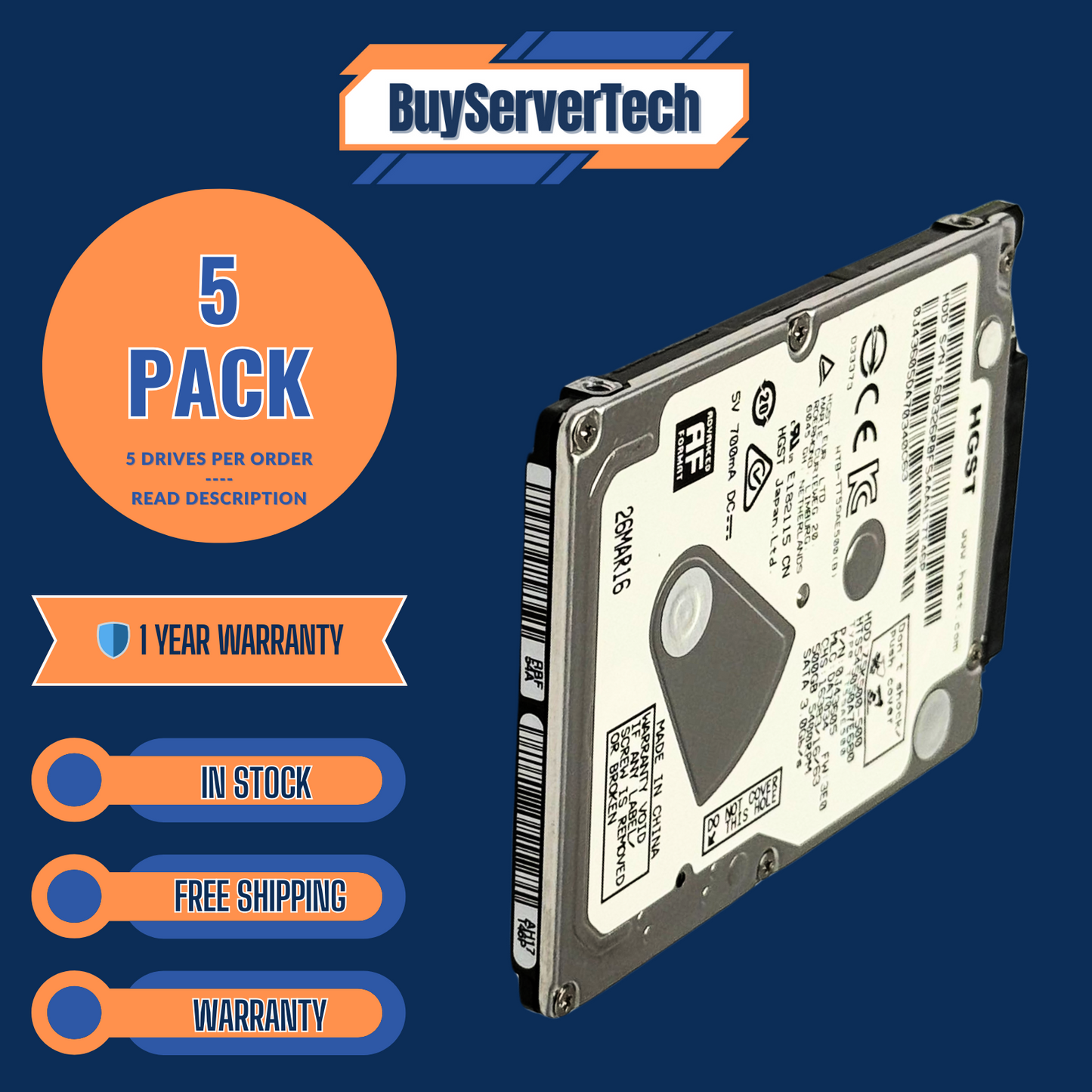 Lot of 5 HGST 500GB 2.5" SATA 5400RPM HDD | HTS545050A7E680 | Laptop PS4 XBOX