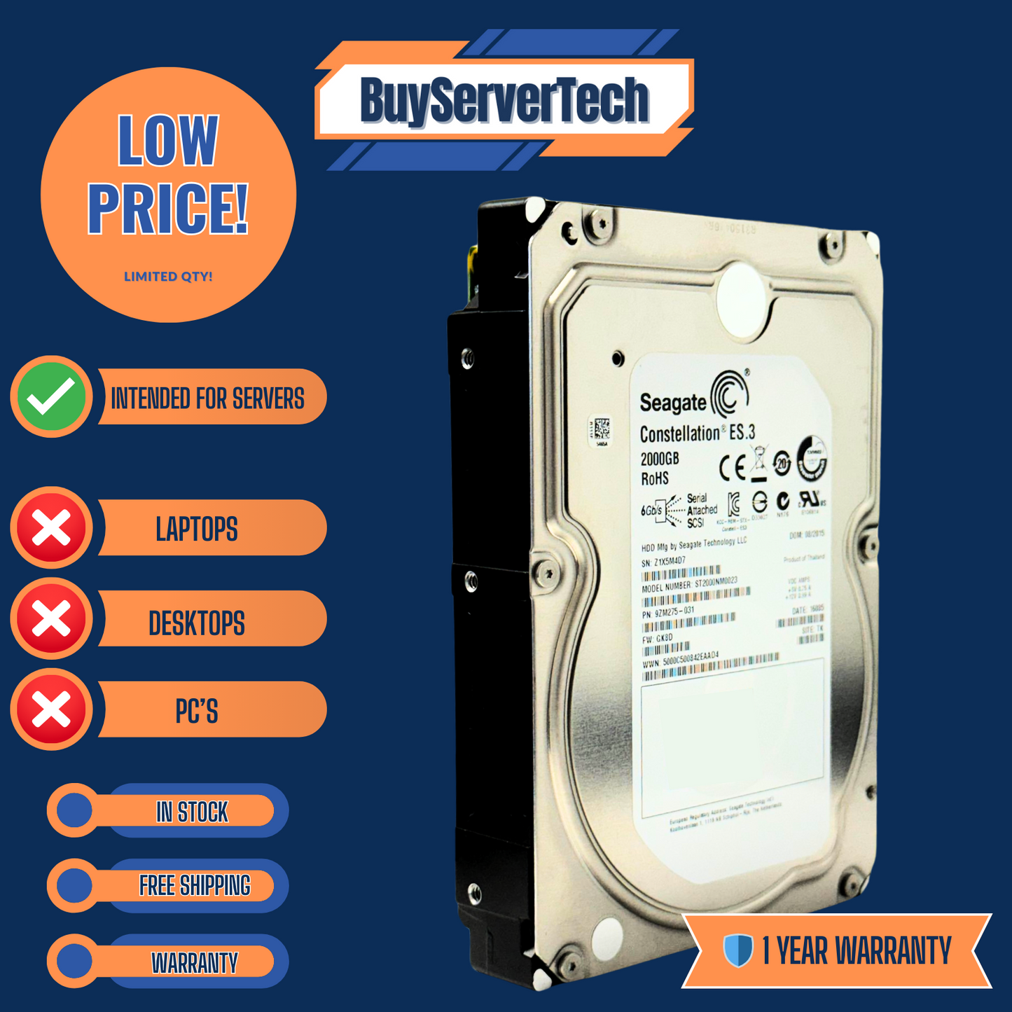 Seagate ST3000NM0023 3TB 7200RPM 6Gb/s SAS 3.5" HDD | Constellation ES.3 | 1 Y