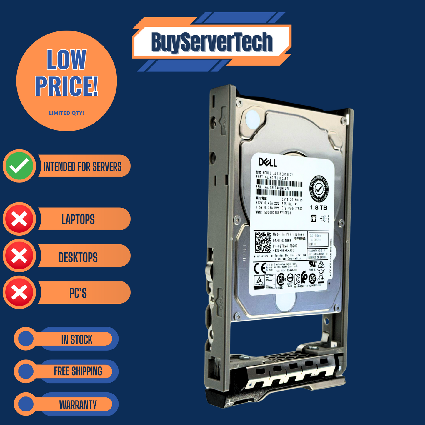 Dell 2TRM4 1.8TB 10K SAS 12G 2.5" HDD AL14SEB18EQY | 0 Hours - 1 Year war 02TRM4