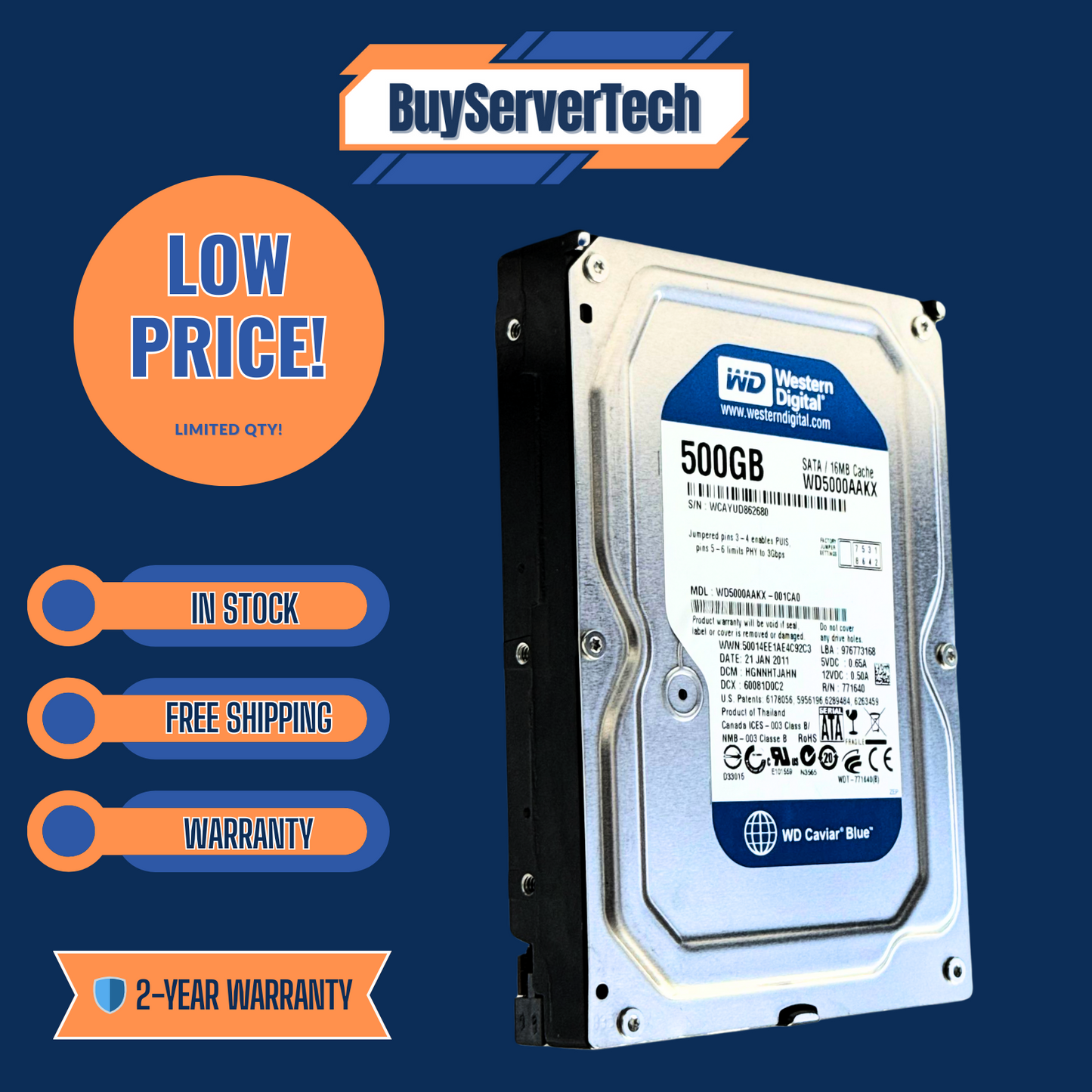 WD5000AAKX 500GB 7200RPM 3.5" SATA 6Gbps HDD | WD Caviar Blue | 2YR