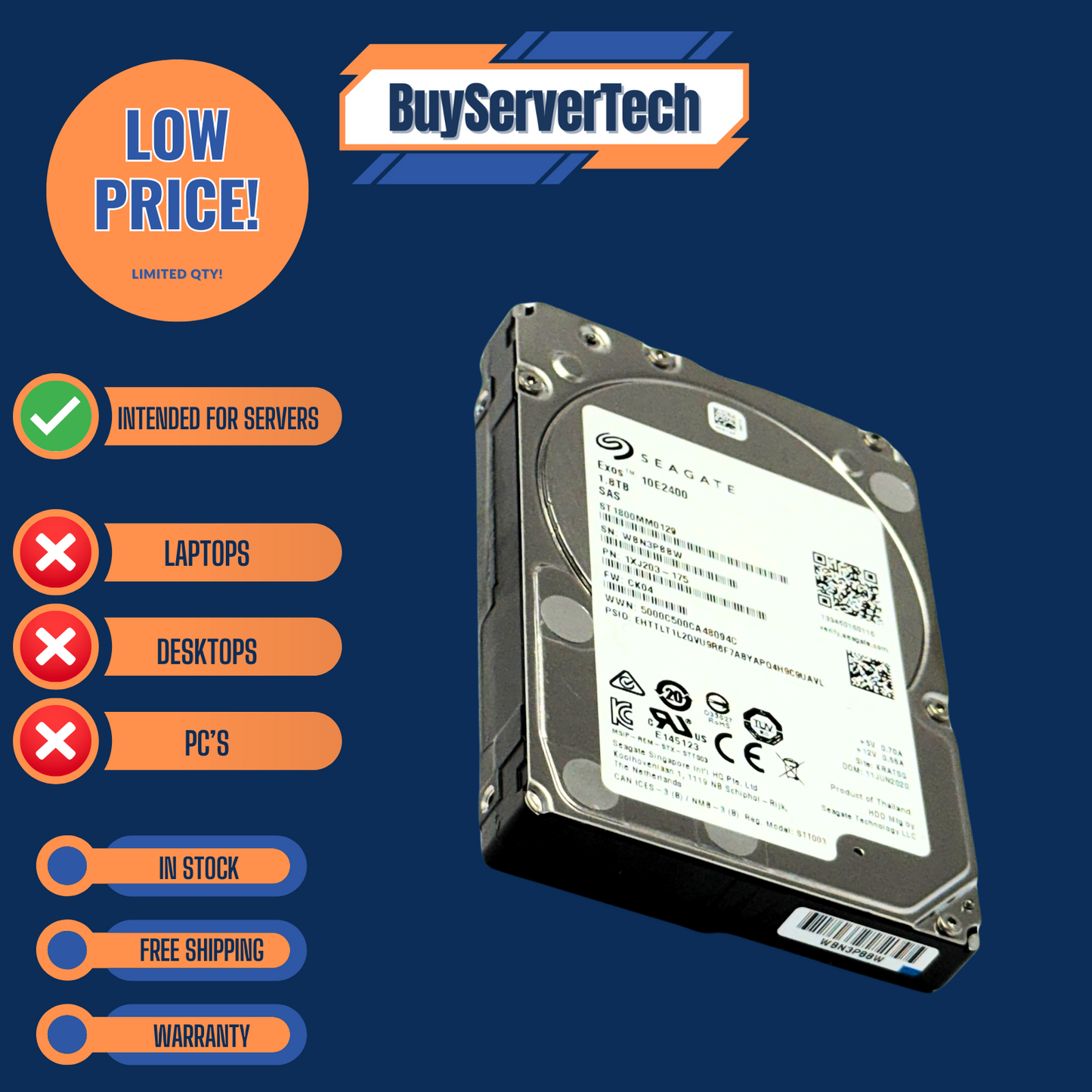 Seagate ST1800MM0129 1.8TB 10K 12Gb/s SAS 2.5" HDD | Exos 10E2400 | 1 YR
