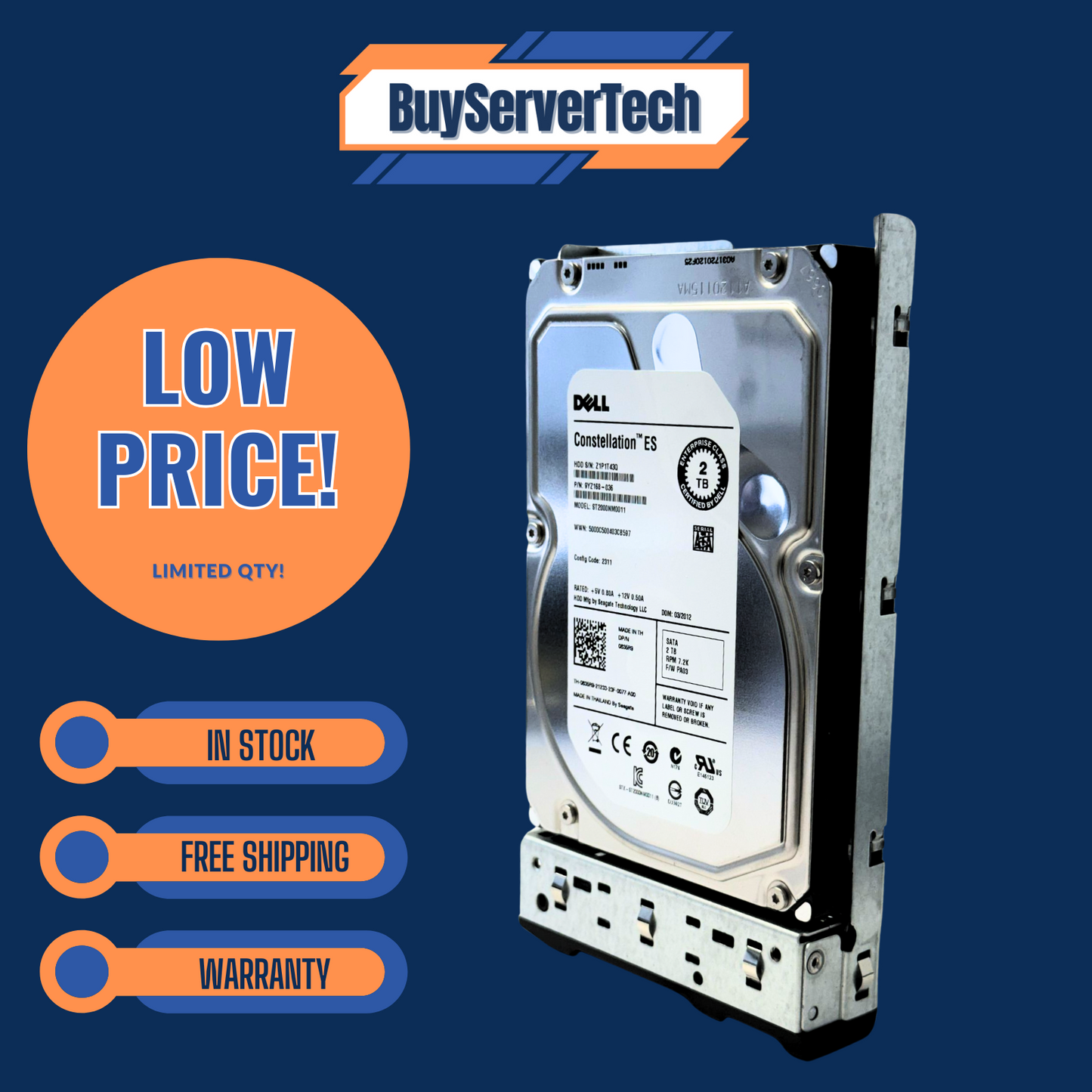 Dell 835R9 0835R9 2TB 7200RPM 6Gbps SATA 3.5" HDD | Hot-Plug Tray