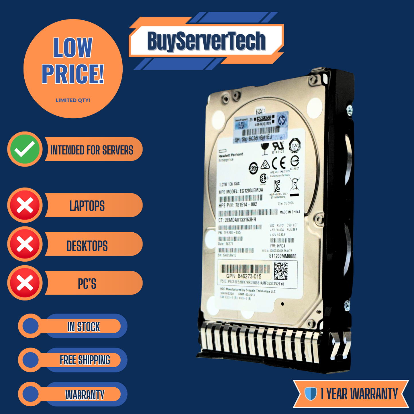 HP 872479-B21 781578-001 781518-B21 1.2TB 10K SAS 12Gb/s 2.5" HDD | 0 Hours - 1Y