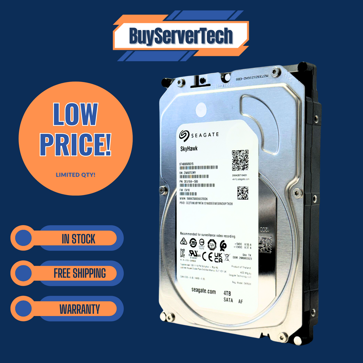 Seagate ST4000VX015 4TB 5400RPM 3.5" SATA HDD 256MB Cache CMR 0HRS NVR NAS DVR