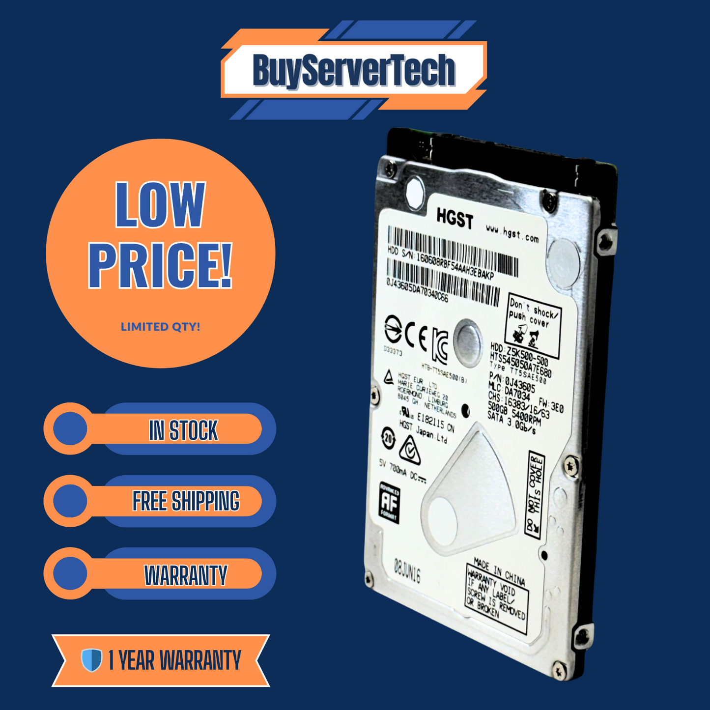 HGST HTS545050A7E680 500GB 2.5" SATA 5400RPM | PS3 PS4 Xbox Laptop | 0HRS | 1Y
