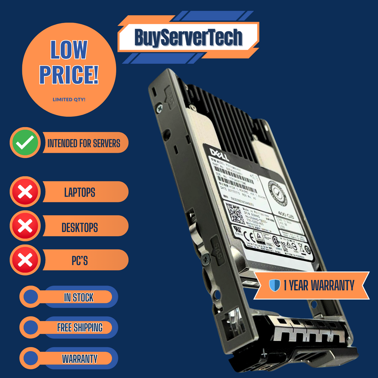 Dell PX05SMB040Y 400GB 12Gb/s SAS 2.5" WI SSD | 05VHHG | 0 Hours | 1YR - 5VHHG