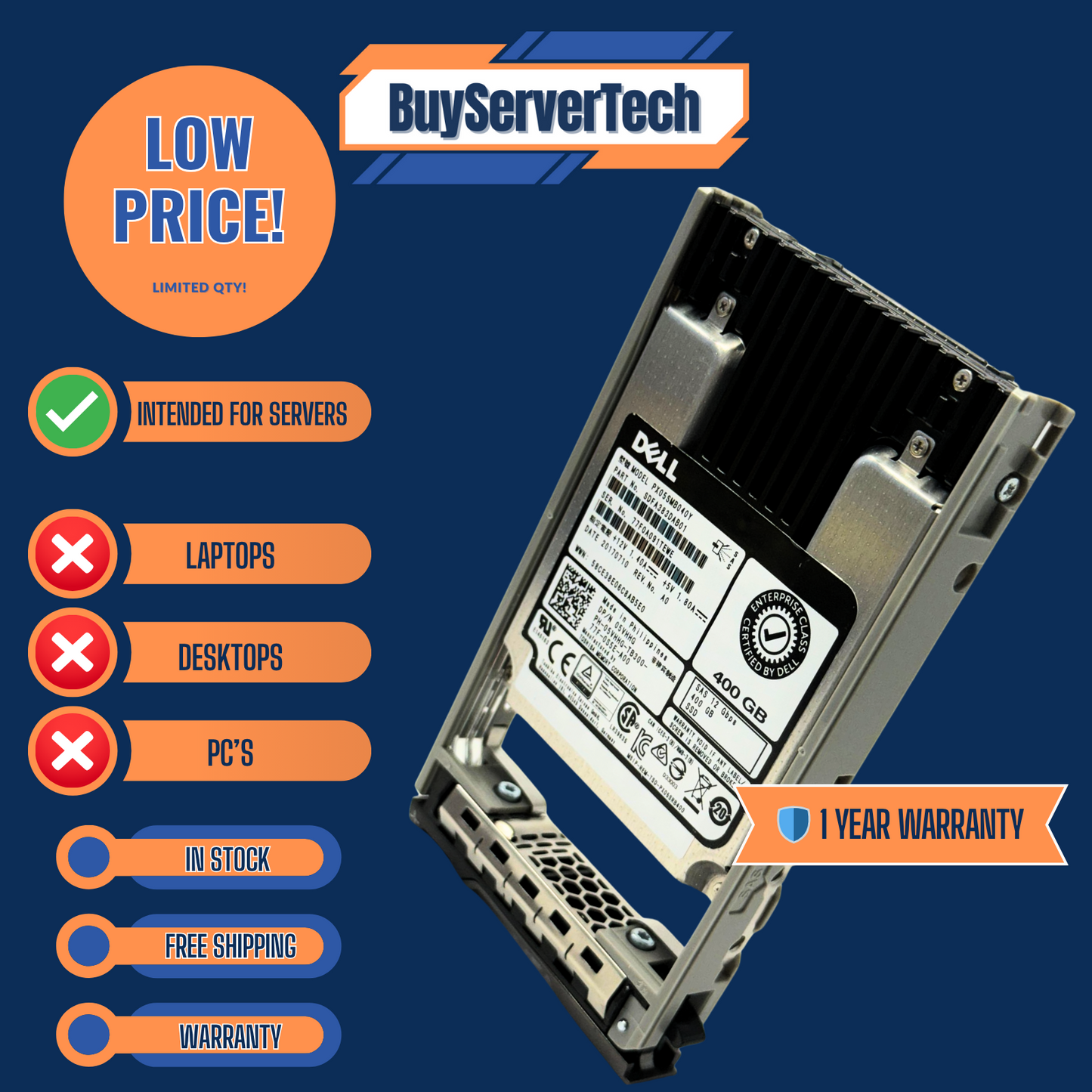 Dell PX05SMB040Y 400GB 12Gb/s SAS 2.5" WI SSD | 05VHHG | 0 Hours | 1YR - 5VHHG