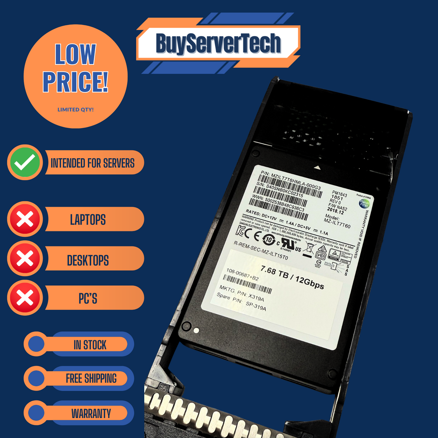 NetApp X319A 7.68TB SAS 12Gbps 2.5" SSD | 108-00687 | S319A | 180day Warr