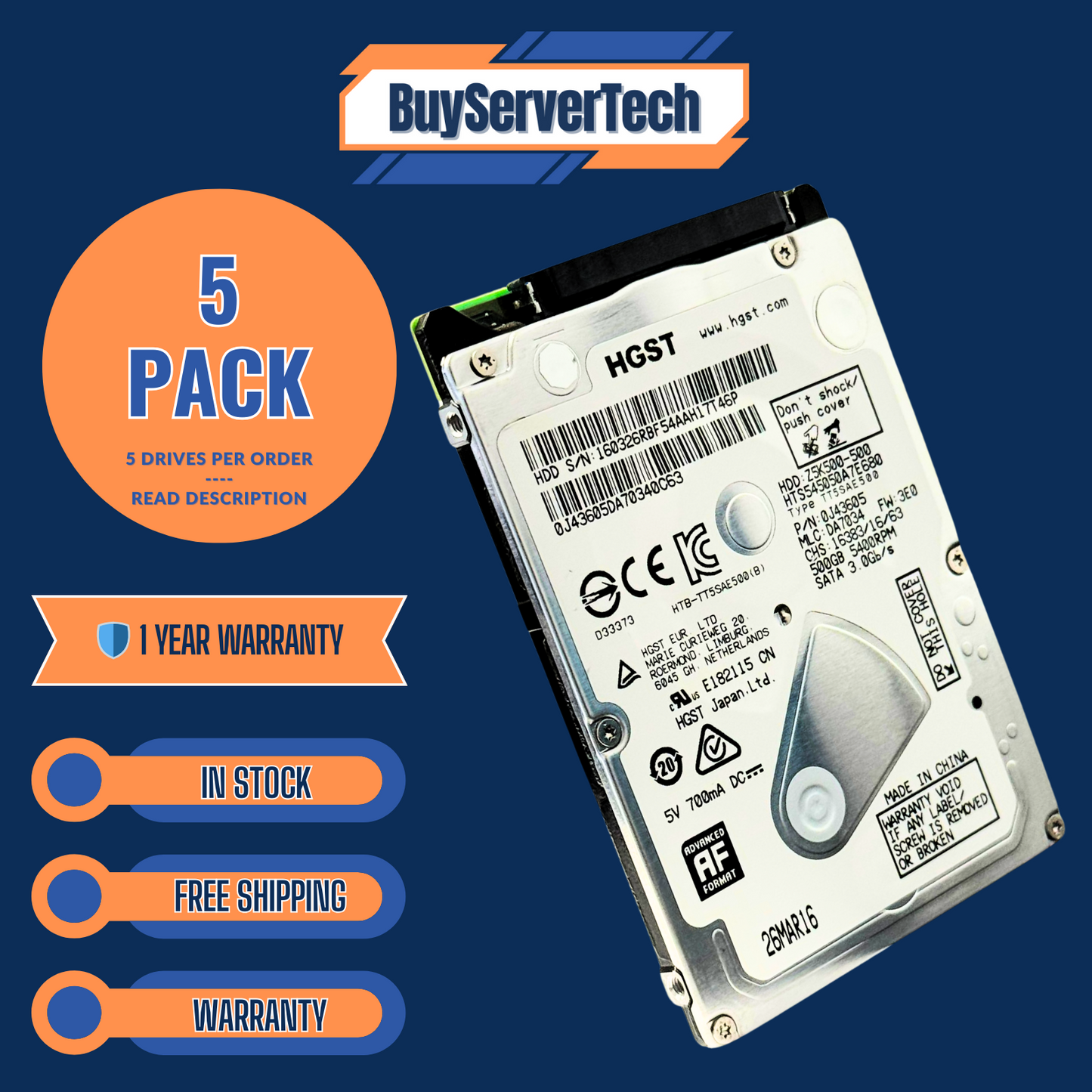 Lot of 5 HGST 500GB 2.5" SATA 5400RPM HDD | HTS545050A7E680 | Laptop PS4 XBOX