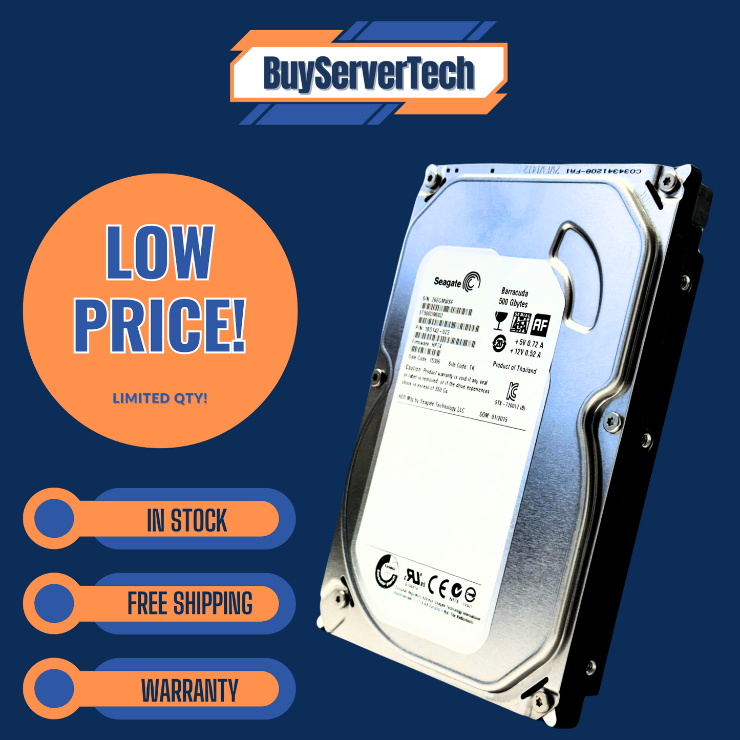Seagate ST500DM002 500GB 7200RPM SATA 3.5" HDD | 0Hrs | Desktop PC DVR | 1YR