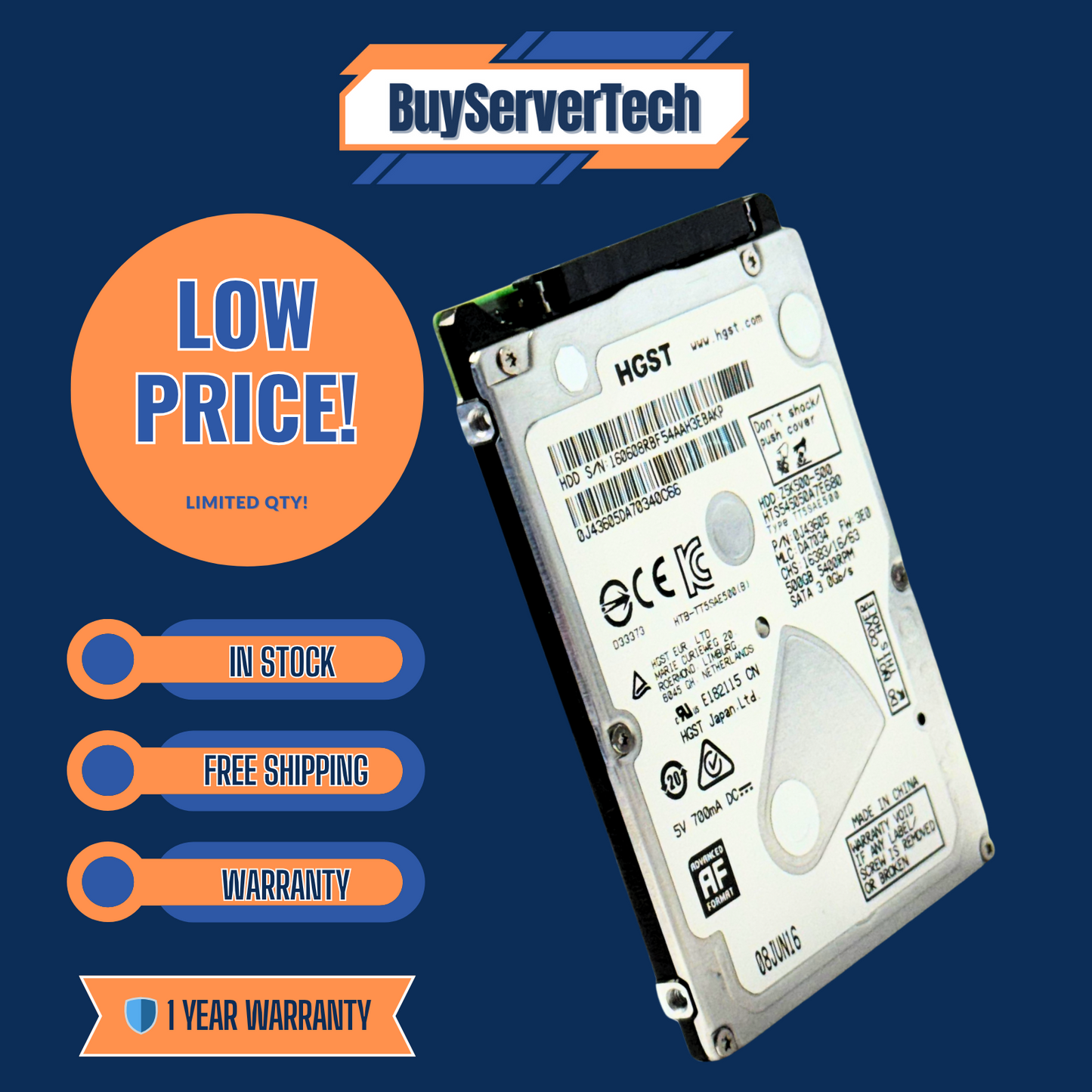 HGST HTS545050A7E680 500GB 2.5" SATA 5400RPM | PS3 PS4 Xbox Laptop | 0HRS | 1YR
