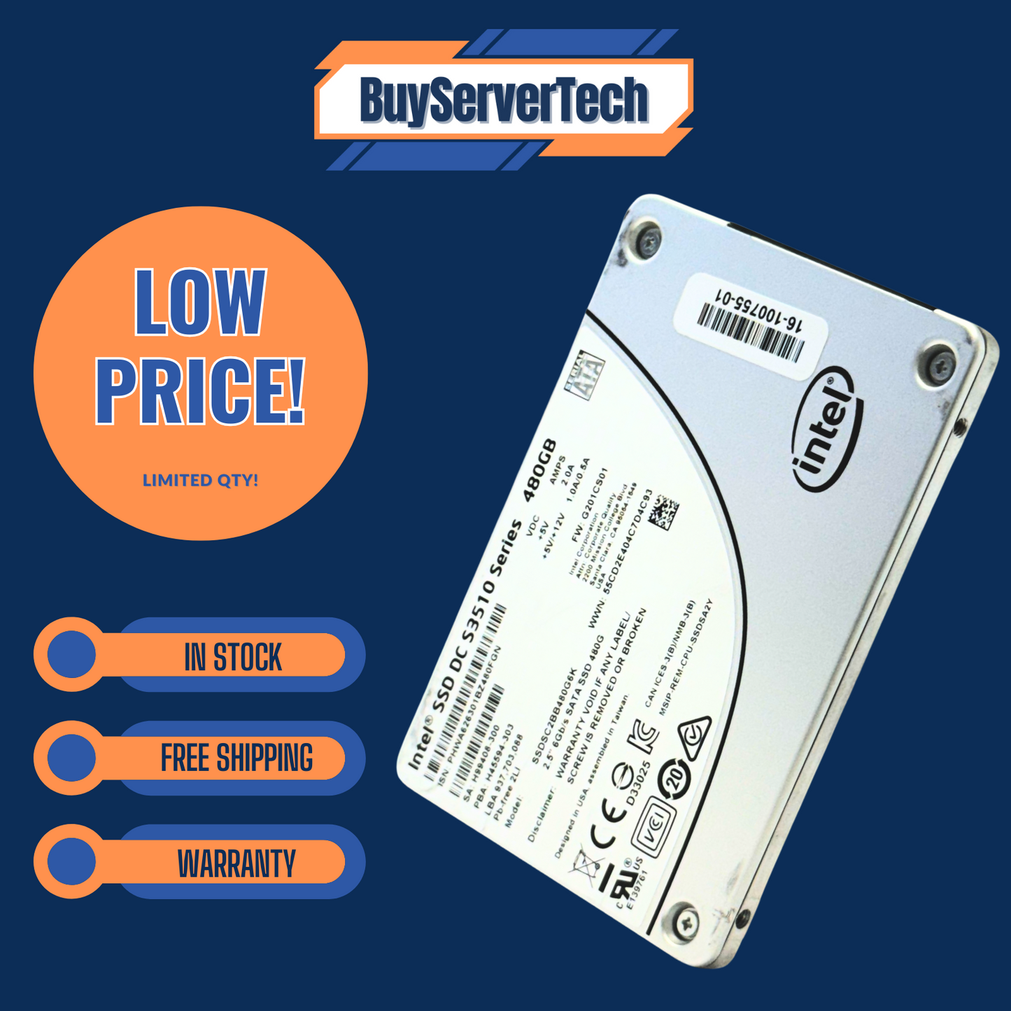 Intel SSDSC2BB480G6K 480GB SATA 2.5" SSD S3510 Series | Grade A | 180 Day Warr