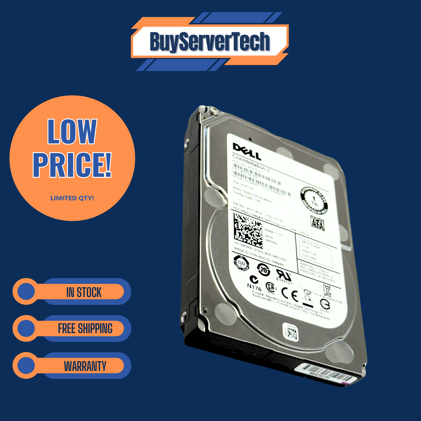 Dell 9KW4J 1TB 7.2K 2.5" SATA 6Gb/s HDD ST91000640NS | 0 Hours | No Tray | 1YR