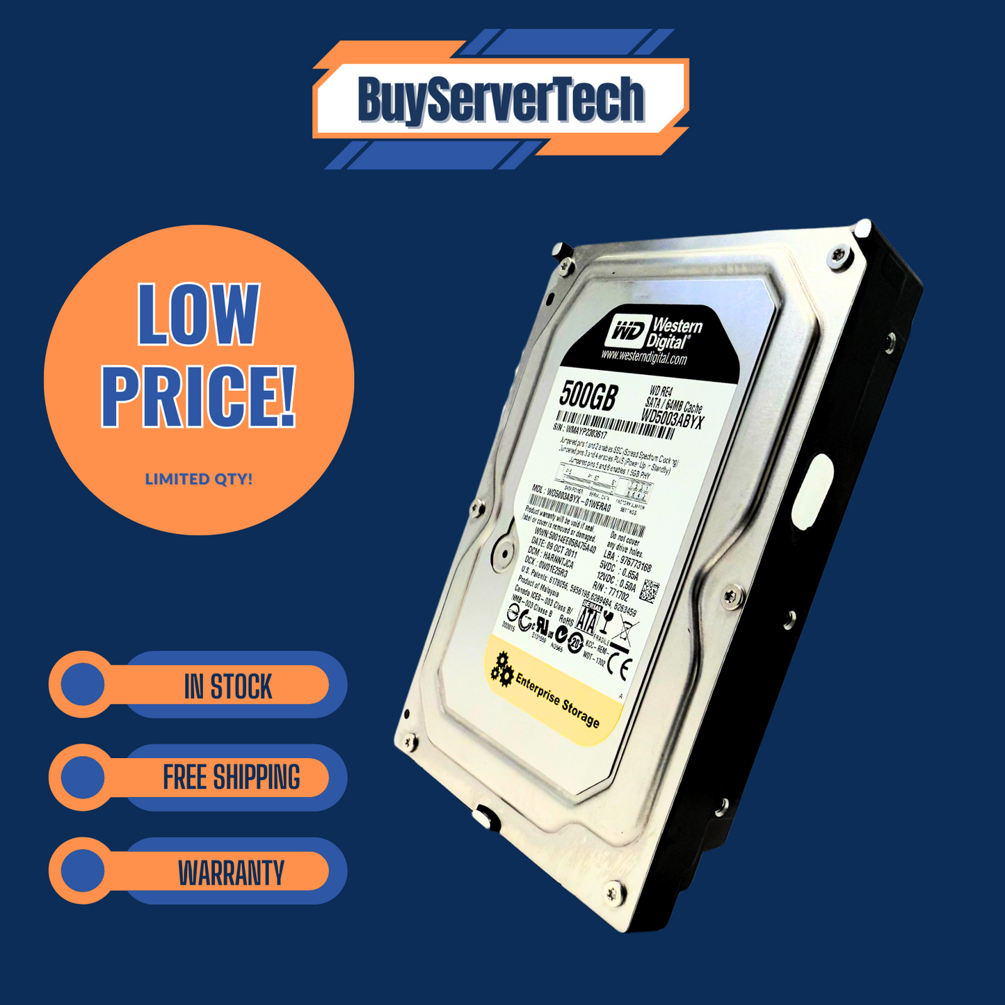 Western Digital RE4 WD5003ABYX 500GB 7.2K 3.5" SATA 3Gb/s HDD | 64MB | 0 Hours