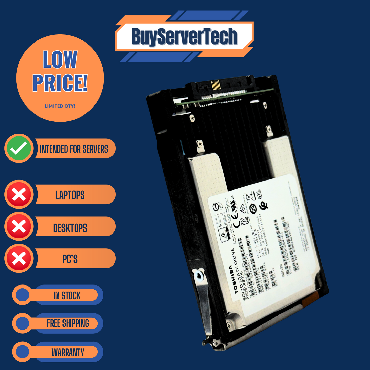 Toshiba PX05SRB096 960GB SAS SSD | EMC 118000564-01 | PLP | w/ Tray | Grade A