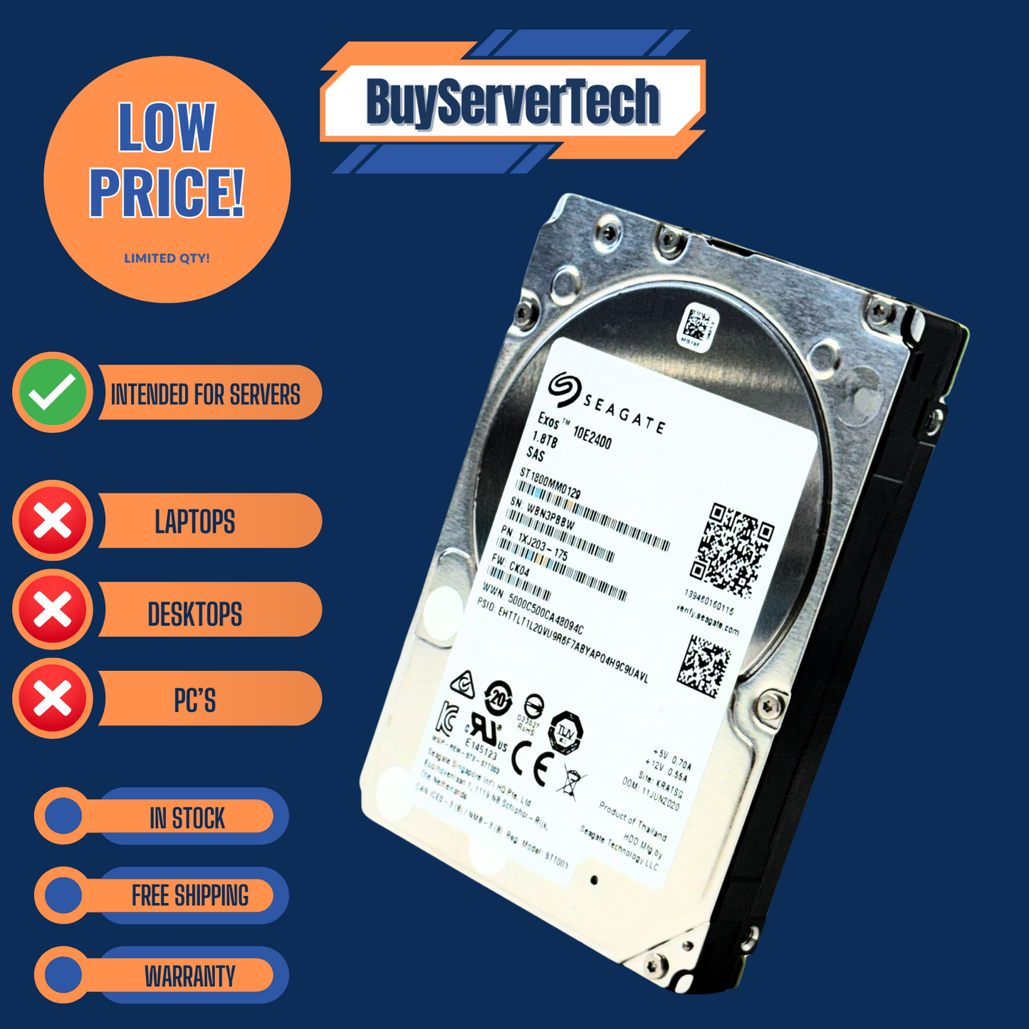 Seagate ST1800MM0129 1.8TB 10K 12Gb/s SAS 2.5" HDD | Exos 10E2400 | 1 YR