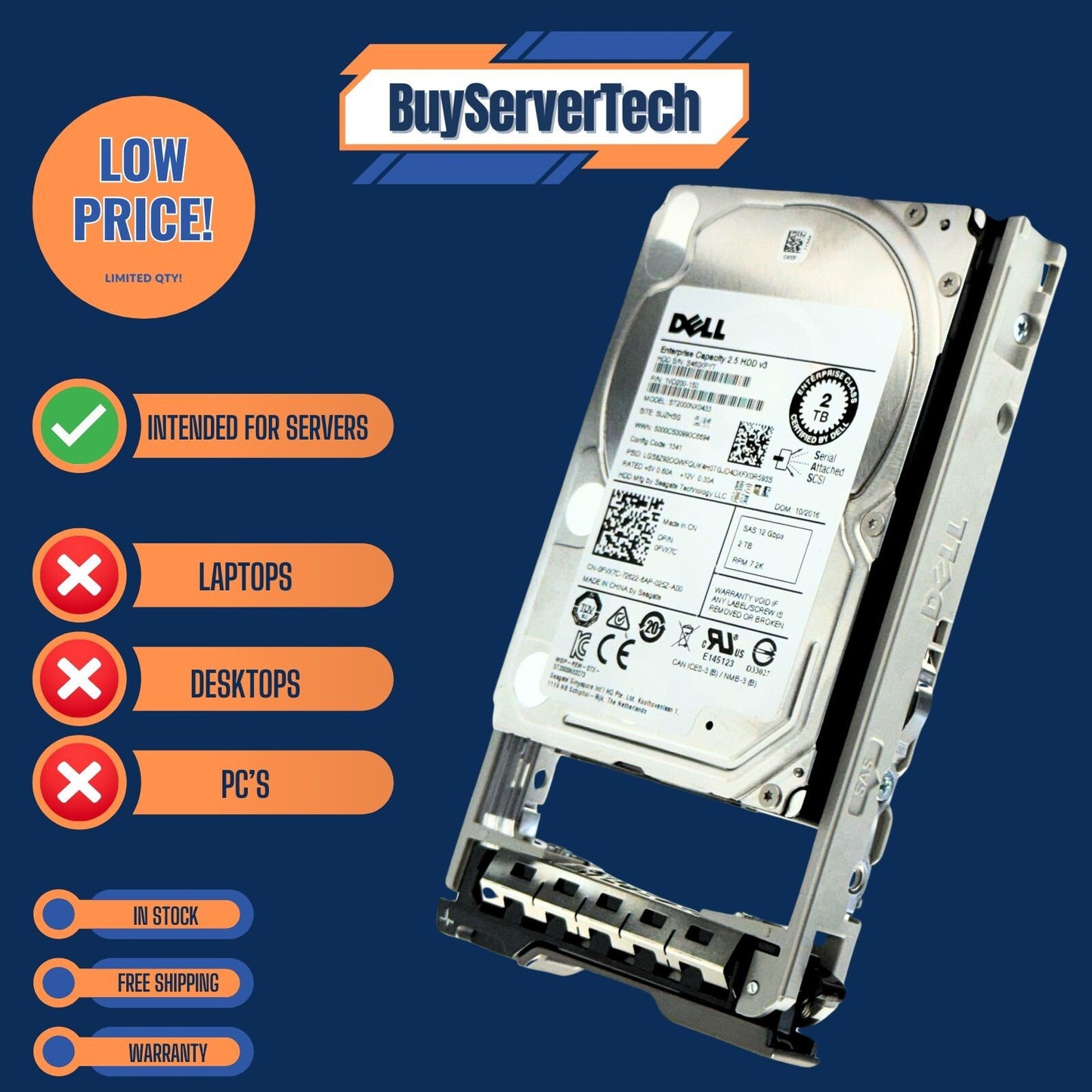 Dell 2TB 2.5" 12Gb/s SAS 7200RPM HDD FVX7C 0FVX7C ST2000NX0433 + R-Series Tray