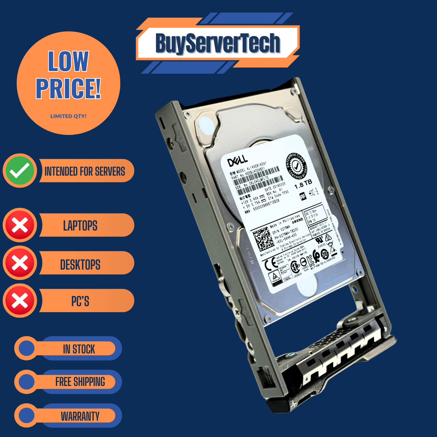 Dell 2TRM4 1.8TB 10K SAS 12G 2.5" HDD AL14SEB18EQY | 0 Hours - 1 Year war 02TRM4