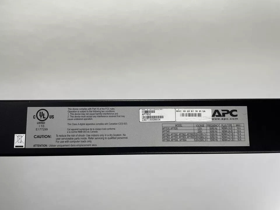 APC AP7892 Rack PDU Metered Zero 5.7kW 208V(42)5-20 10' Power Distribution Strip