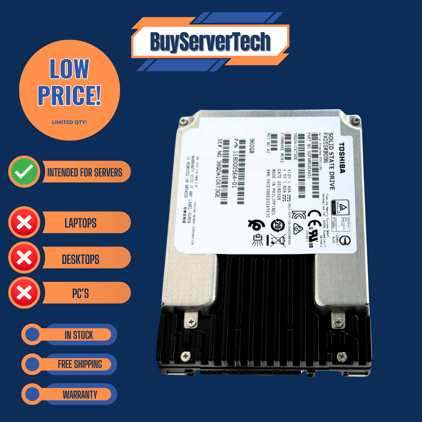 Toshiba PX05SRB096 960GB 2.5" SAS 12Gb/s SSD PLP Read Intensive MLC | Grade A
