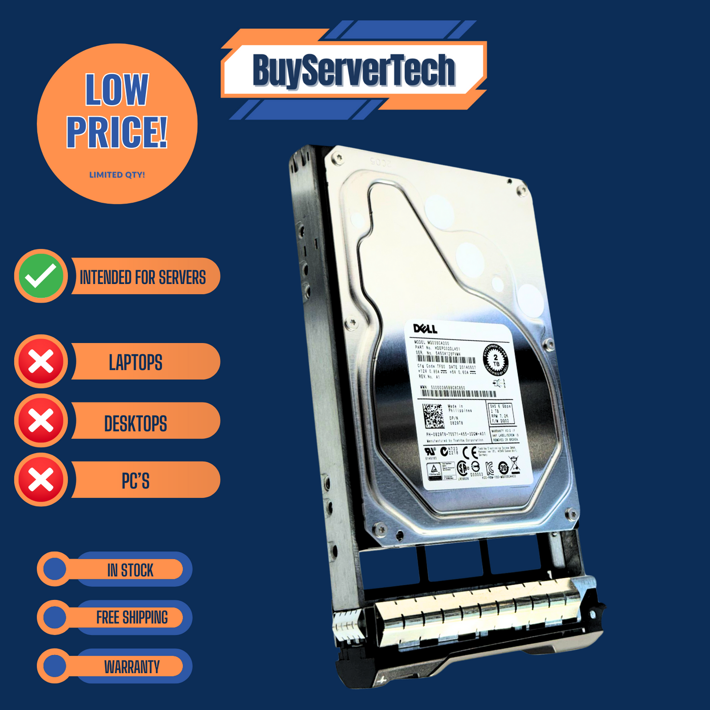 Dell 829T8 2TB 7.2K RPM 3.5" SAS 6Gb/s Enterprise HDD 0829T8 | Verified | 1YR