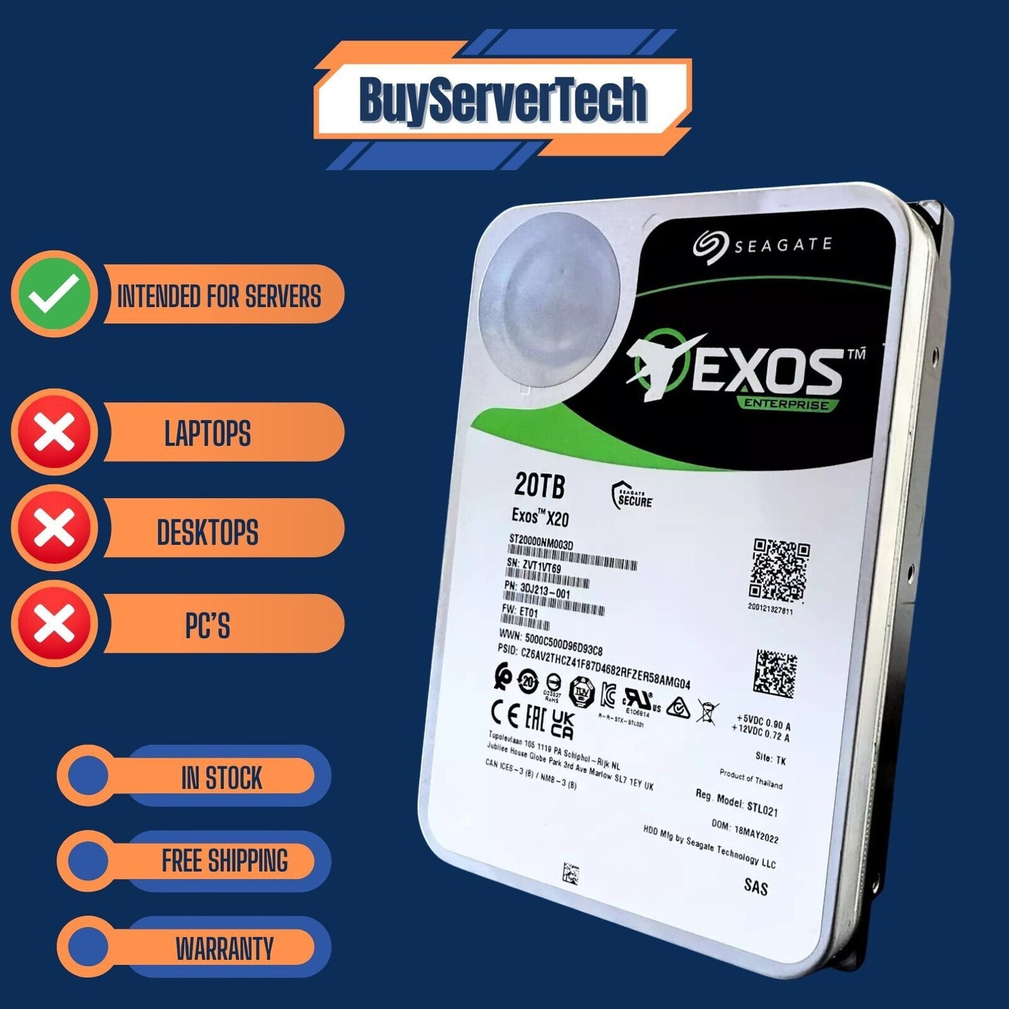 Seagate Exos X20 ST20000NM003D 20TB 7200RPM 12Gb/s SAS 3.5" Enterprise HDD