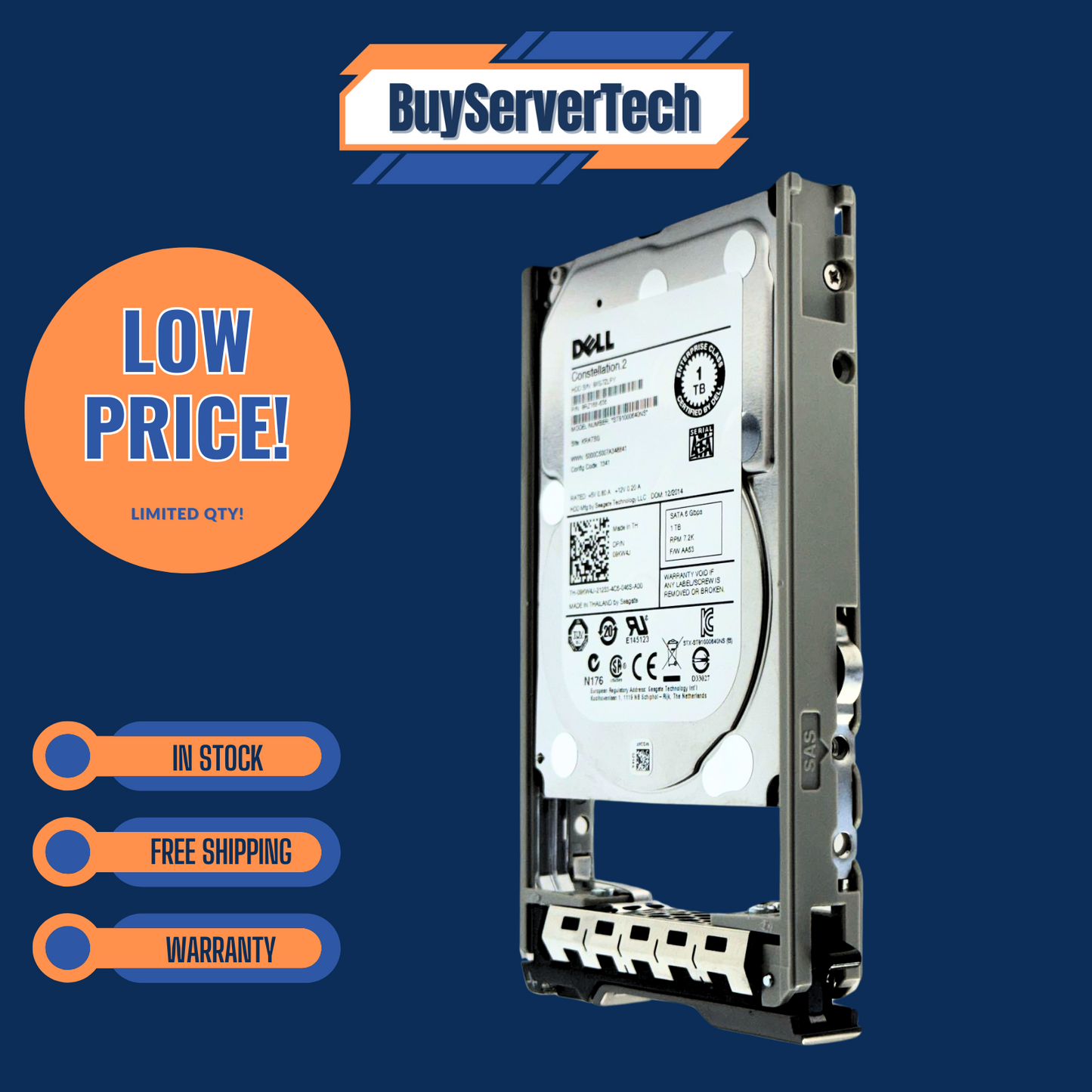 Dell 9KW4J 1TB 7.2K 2.5 SATA 6Gb/s 09KW4J HDD ST91000640NS w/Tray | 0 Hours 1YR