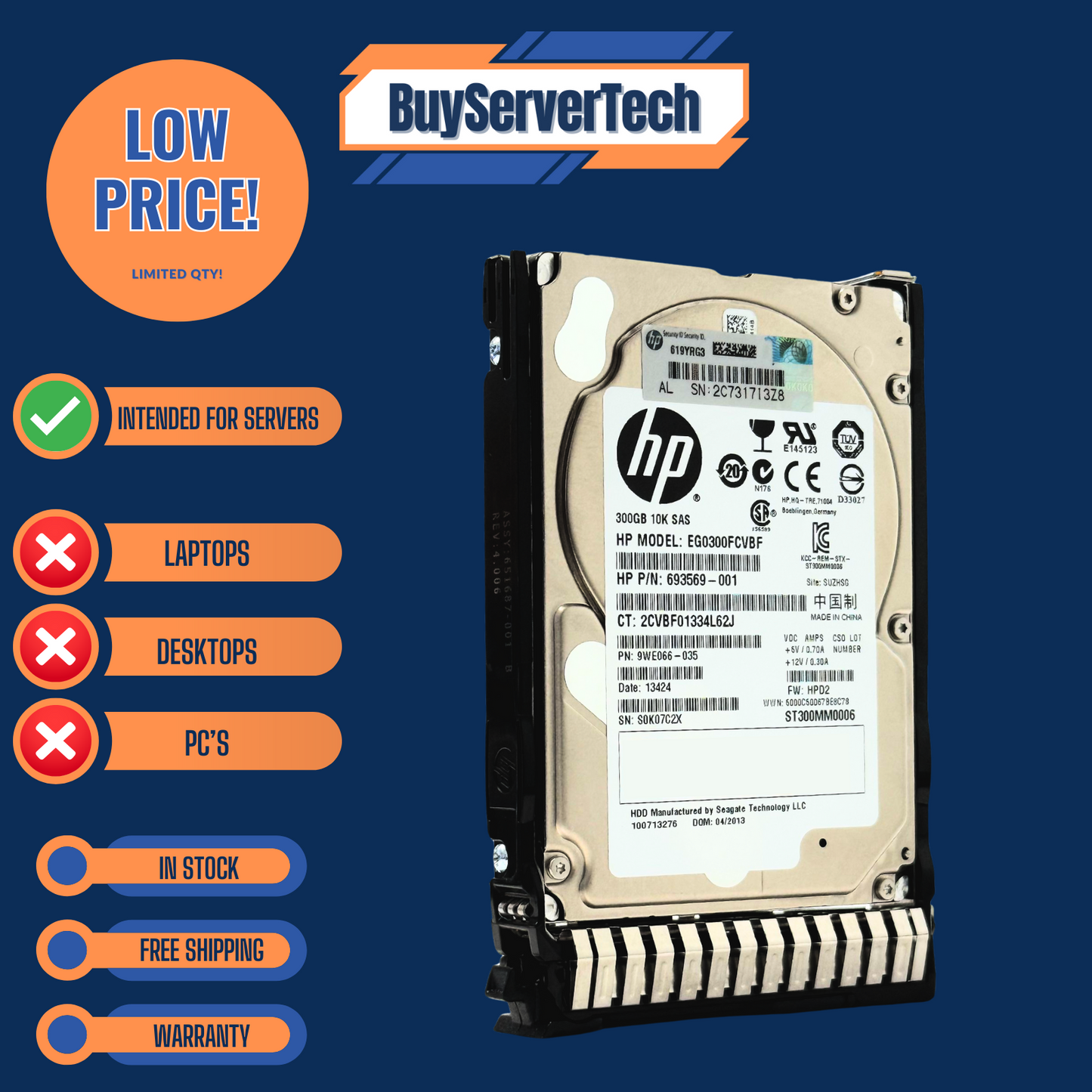 HP 652564-B21 300GB 10K SAS 2.5" HDD 6Gb/s 653955-001 SC | 0HRS | 1YR Warranty