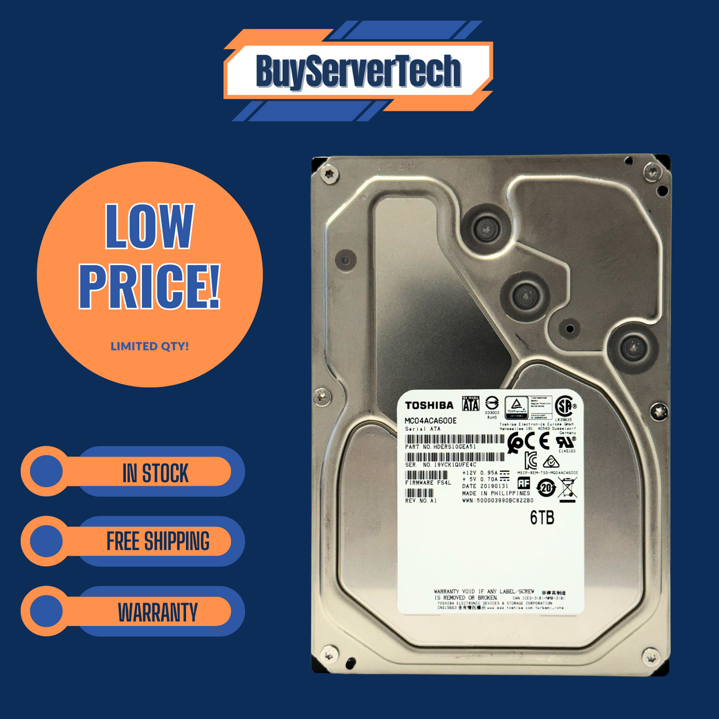 Toshiba MG04ACA600E 6TB 7200RPM 3.5" SATA 6Gb/s HDD 128MB Cache 0HRS ENT 512e