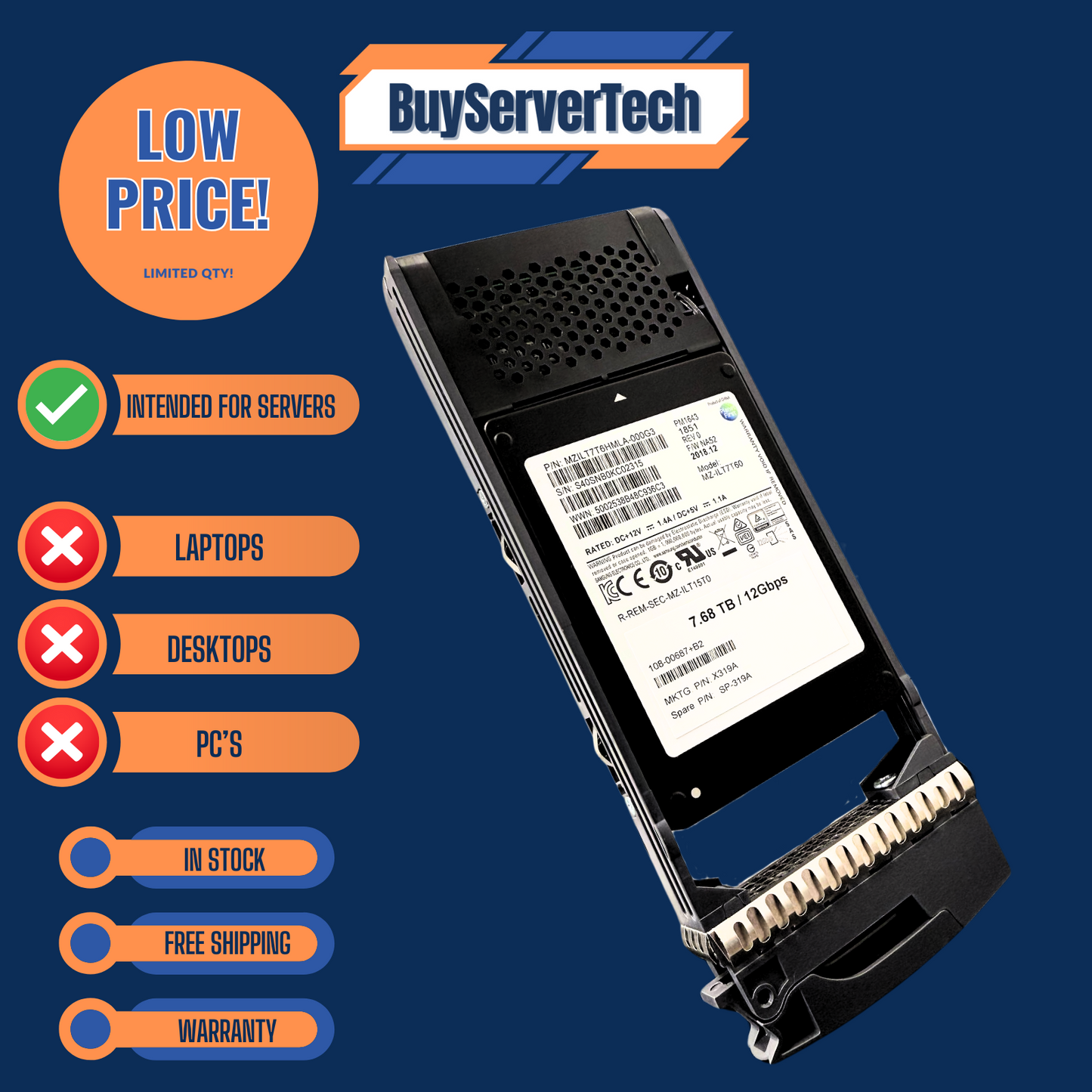 NetApp X319A 7.68TB SAS 12Gbps 2.5" SSD | 108-00687 | S319A | 180day Warr