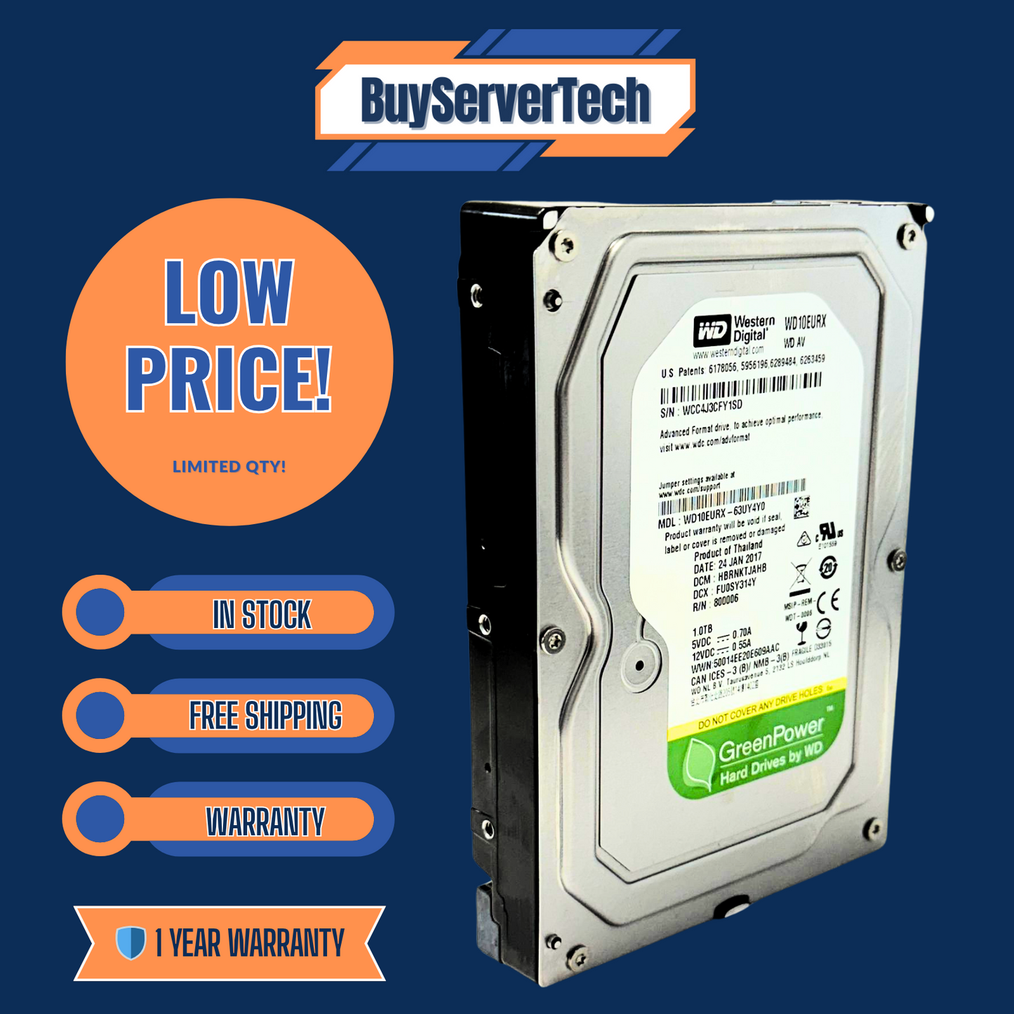 WD10EURX 1TB 5400RPM 64MB 3.5" SATA HDD | Western Digital AV-GP | CCTV DVR PC