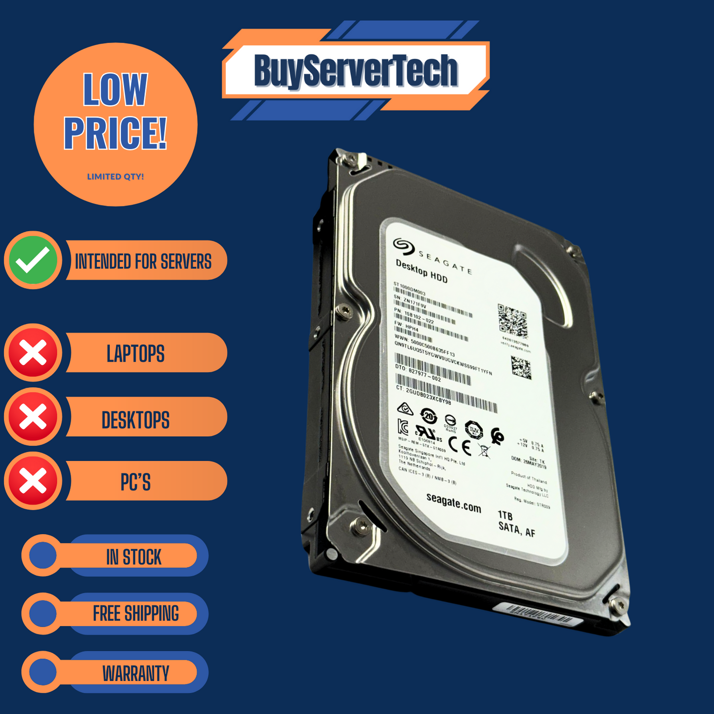 Seagate ST1000DM003 1TB 7200RPM SATA 6Gbps 3.5" HDD | 64MB | 0 Hours | 1YR