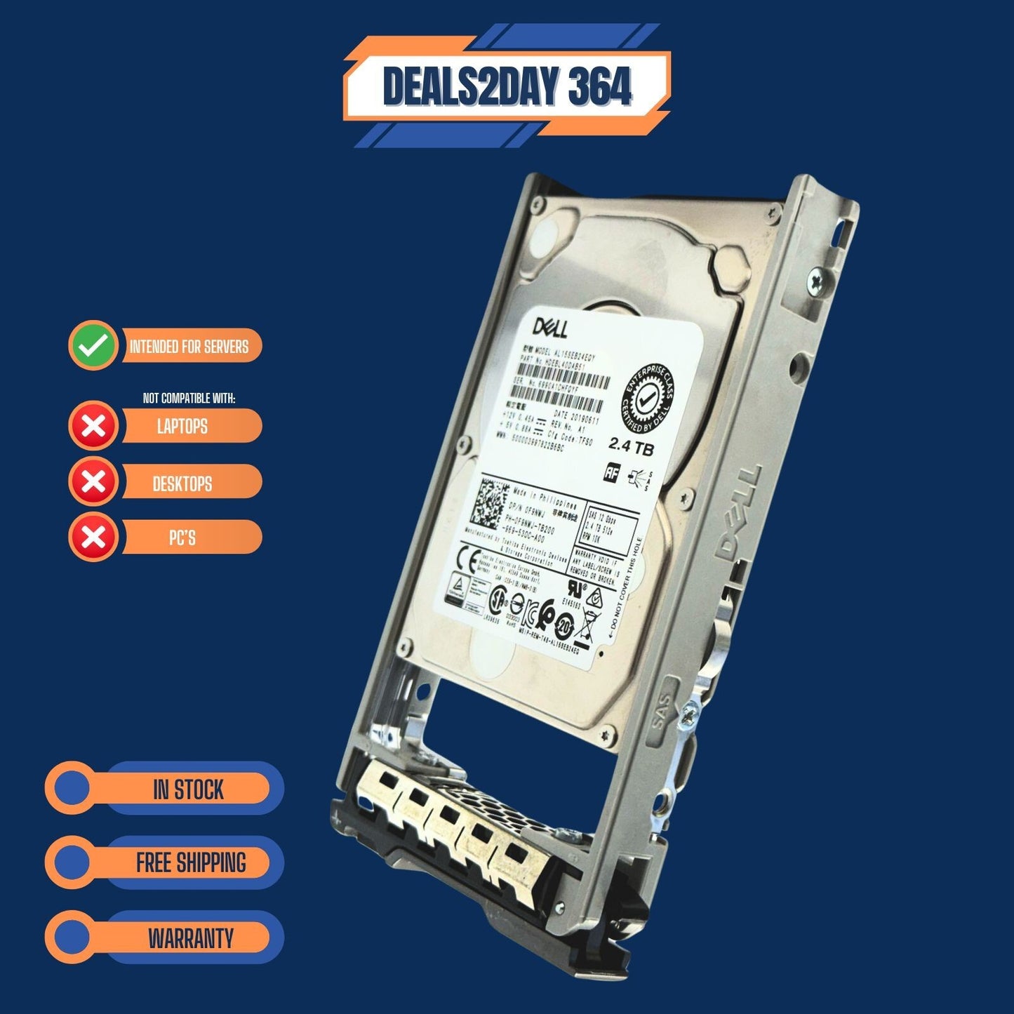 Dell F9NWJ 2.4TB 10K 2.5" SAS 12Gb/s HDD AL15SEB24EQY w/ Tray 0F9NWJ | NEW