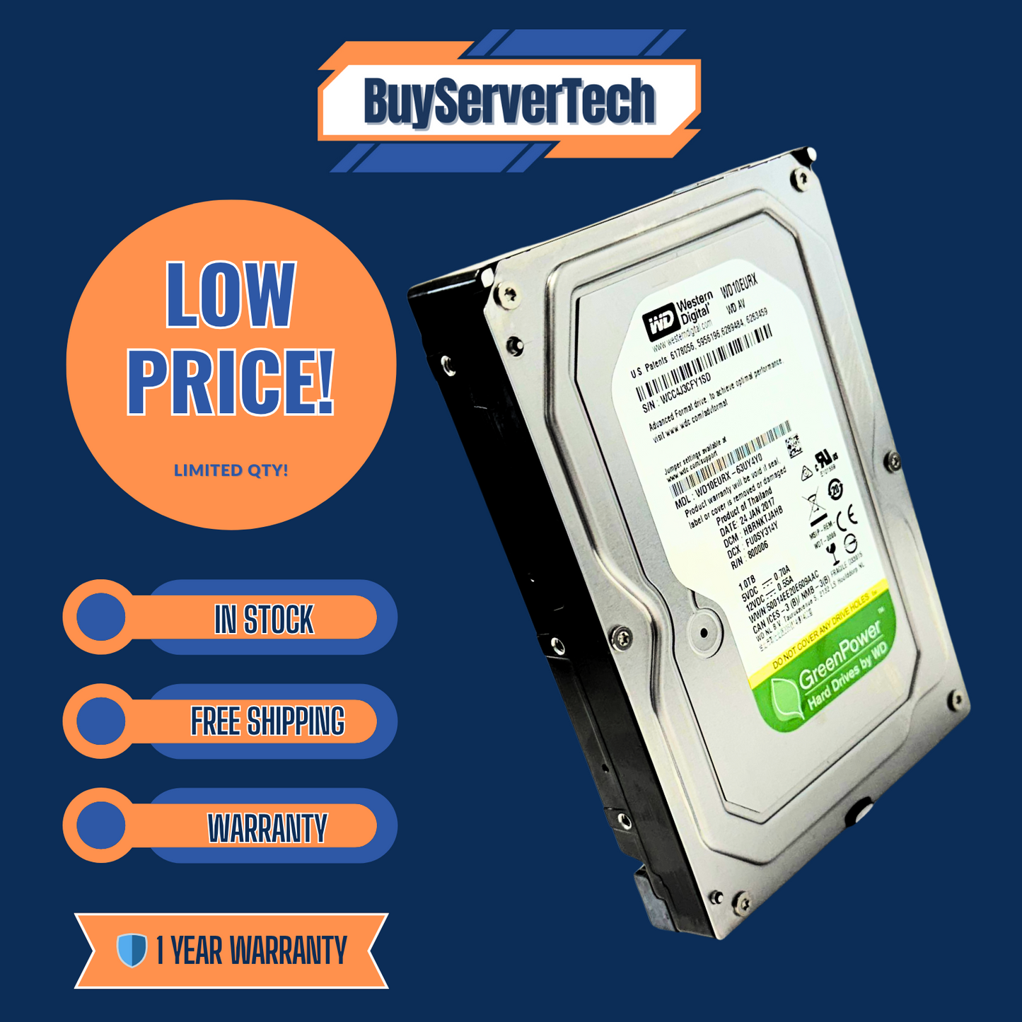 WD10EURX 1TB 5400RPM 64MB 3.5" SATA HDD | Western Digital AV-GP | CCTV DVR PC
