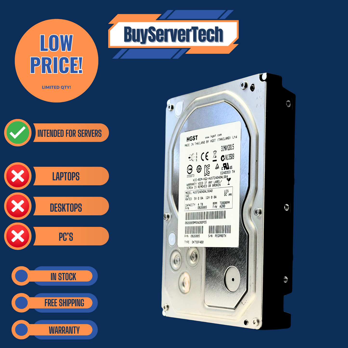 HGST HUS724040ALS640 4TB 7.2K 6Gb/s SAS 3.5" HDD | 0B26885 | Ultrastar 1 Yr Warr