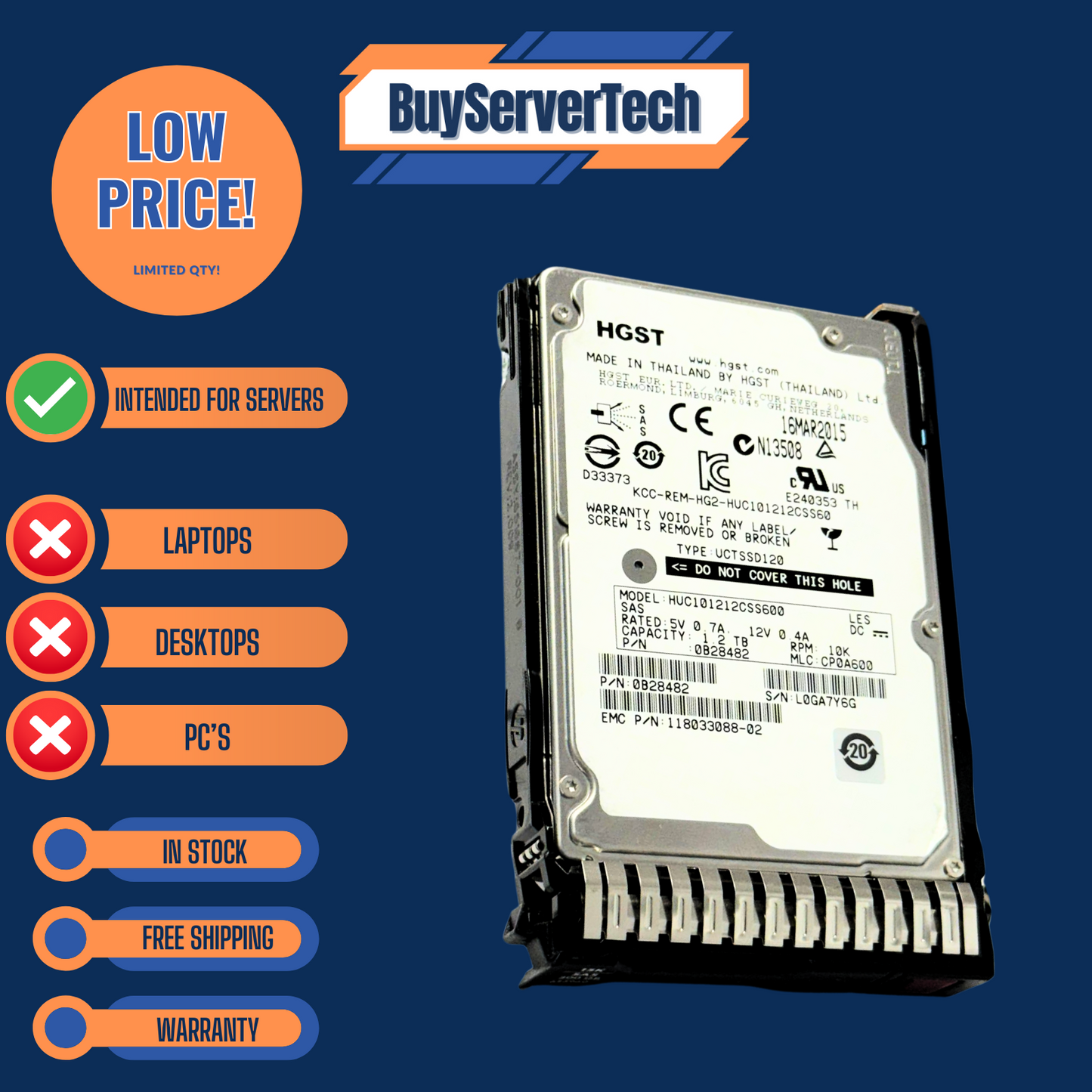 1.2TB 10K SAS 2.5" HDD 6Gbps | 0 Hours | HP DL360 DL380 G8 G9 G10 | Tray | 1YR