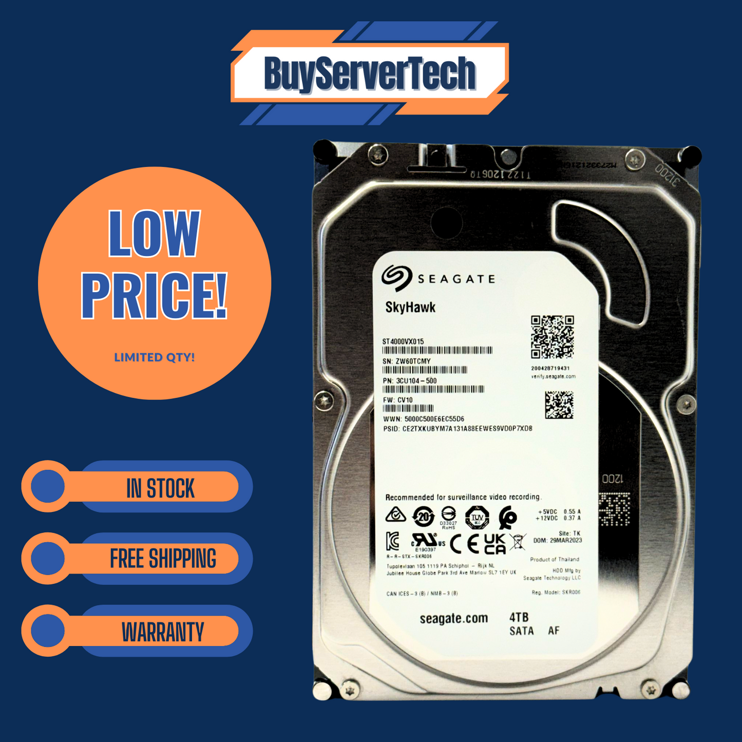 Seagate ST4000VX015 4TB 5400RPM 3.5" SATA HDD 256MB Cache CMR 0HRS NVR NAS DVR