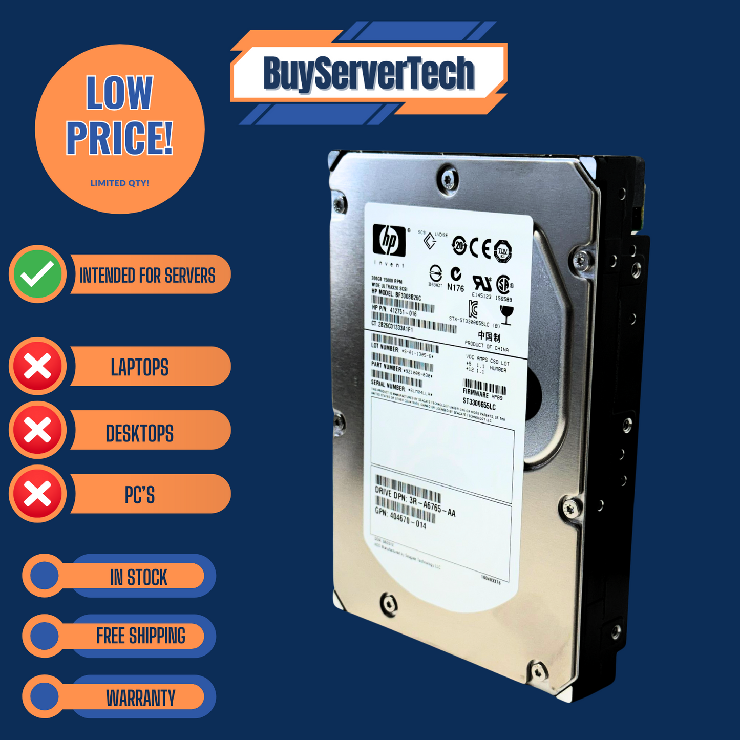 HP 412751-016 Seagate ST3300655LC 300GB 15K U320 SCSI 80-Pin 3.5" HDD | 1YR