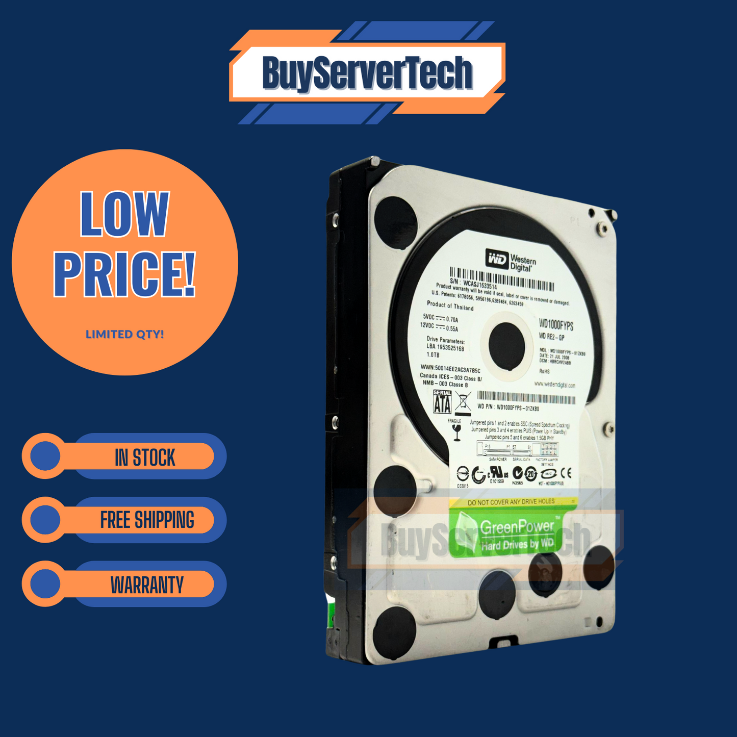 WD GreenPower 1TB 7200RPM 3.5" SATA HDD WD1000FYPS RE2-GP 16MB Cache 0HRS HDD