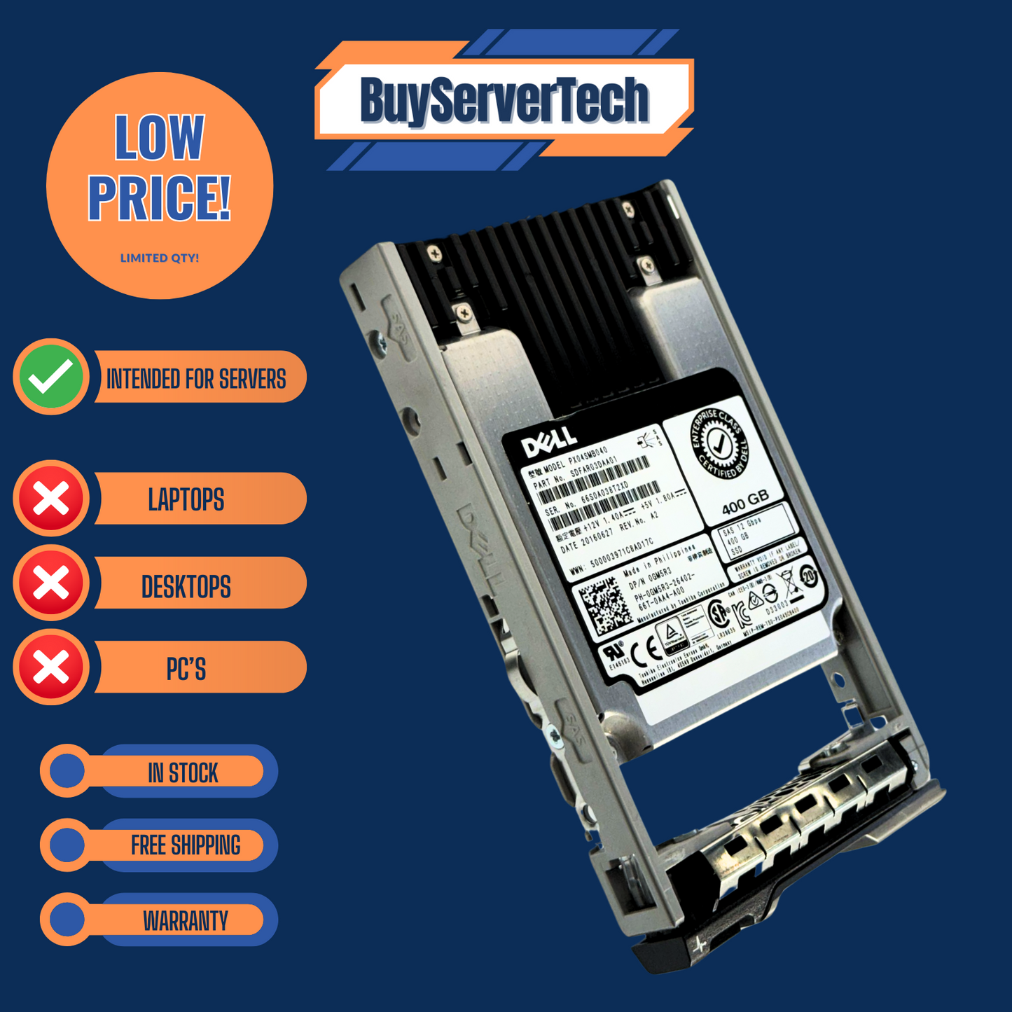 Dell Enterprise GM5R3 400GB 2.5" SAS 12Gbps SSD PX04SMB040 w/Tray 1YR