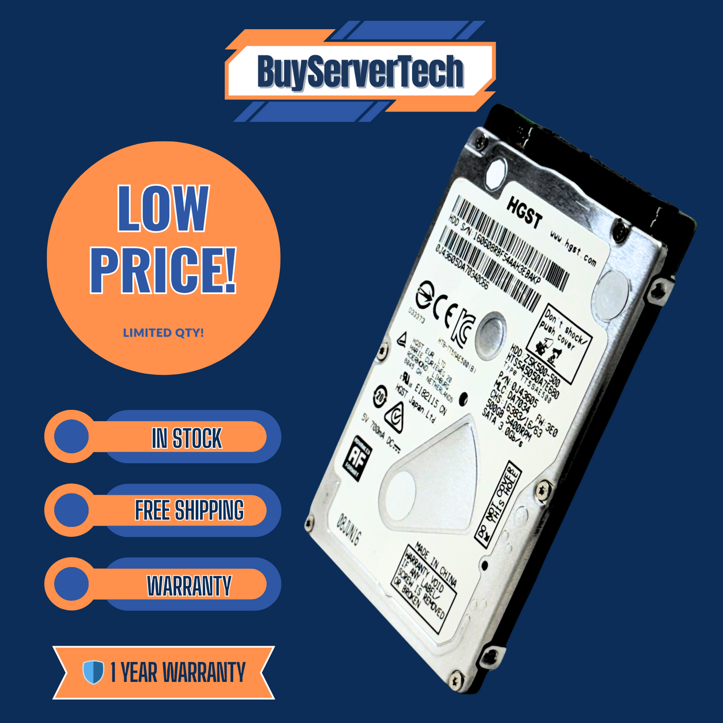 HGST HTS545050A7E680 500GB 2.5" SATA 5400RPM | PS3 PS4 Xbox Laptop | 0HRS | 1YR