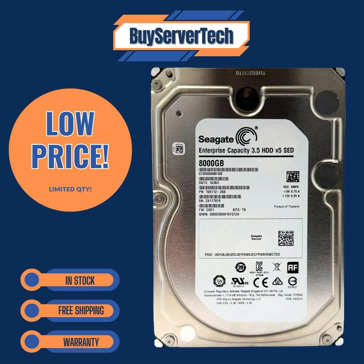 NEW Seagate 8TB 7.2k 256MB SATA 6Gb/s 3.5 512e SED Enterprise HDD | ST8000NM0105