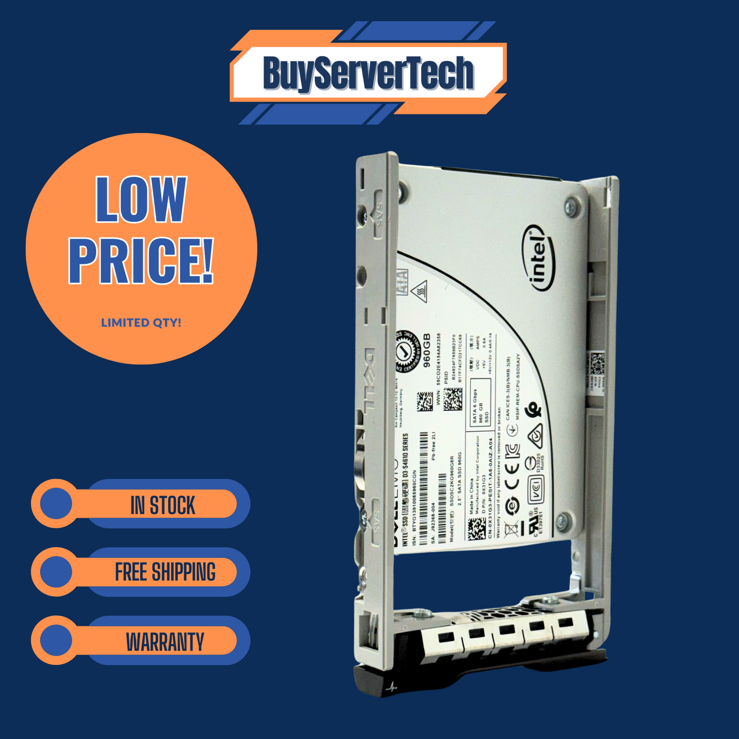 Dell Intel S4610 960GB SATA 6Gbps 2.5" SSD X31G3 0X31G3 MU | Tray Included | 1YR