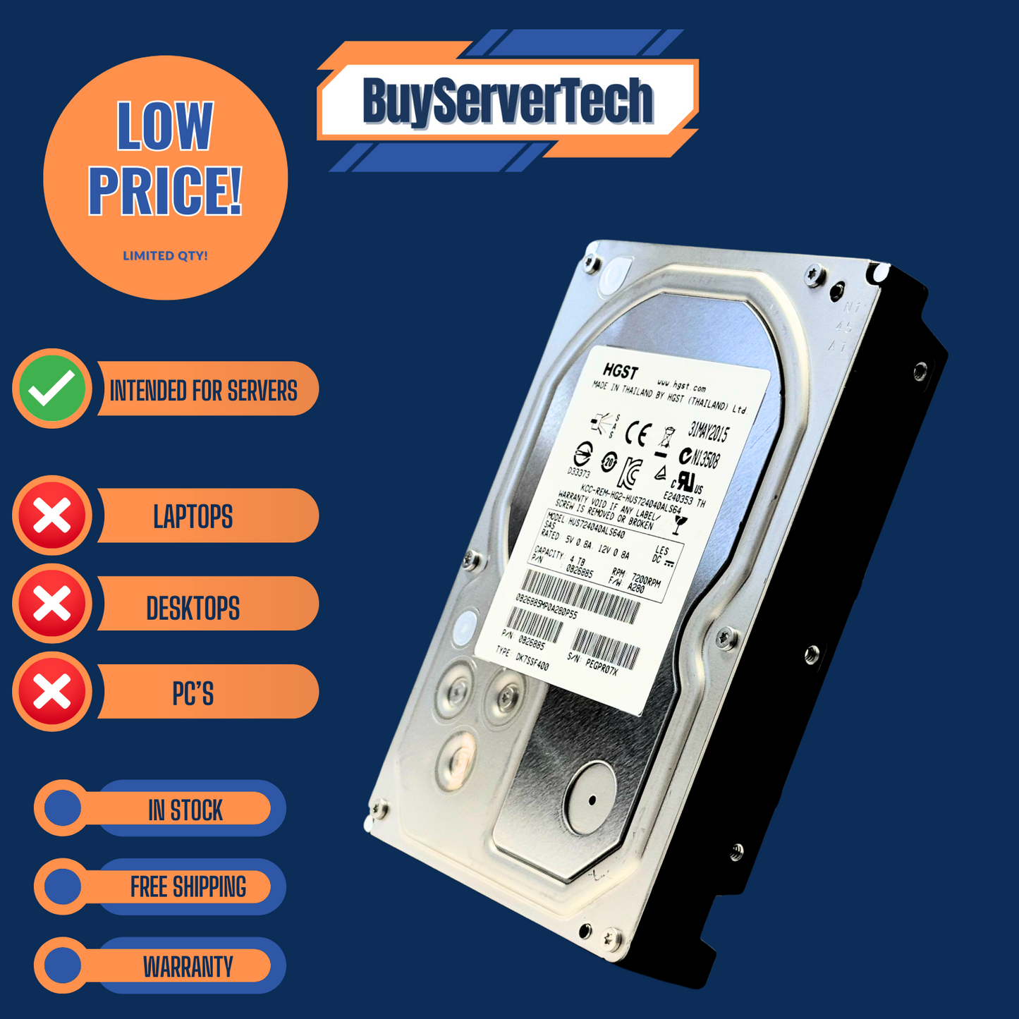 HGST HUS724040ALS640 4TB 7.2K 6Gb/s SAS 3.5" HDD | 0B26885 | Ultrastar 1 Yr Wa