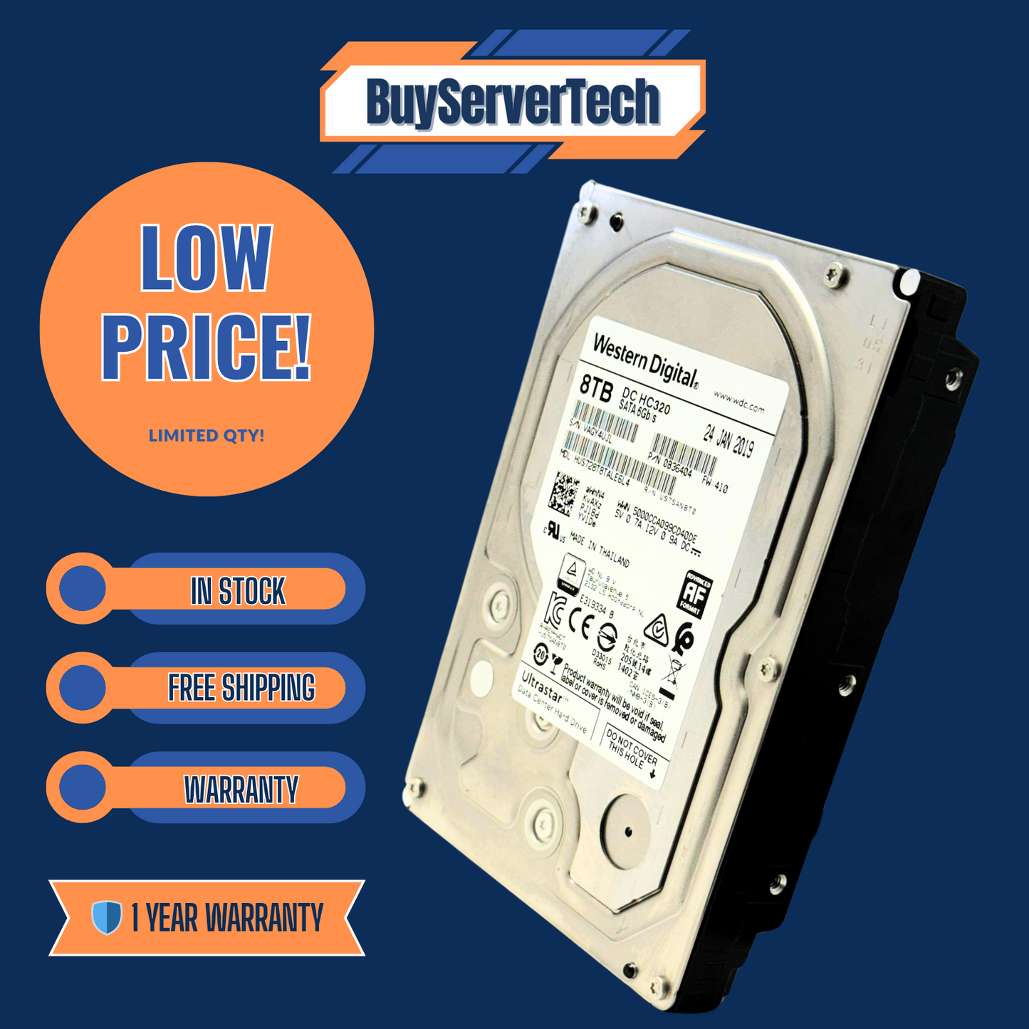 WD Ultrastar DC HC320 8TB 7200RPM 3.5 SATA HDD | HUS728T8TALE6L4 | 1YR - 0B364