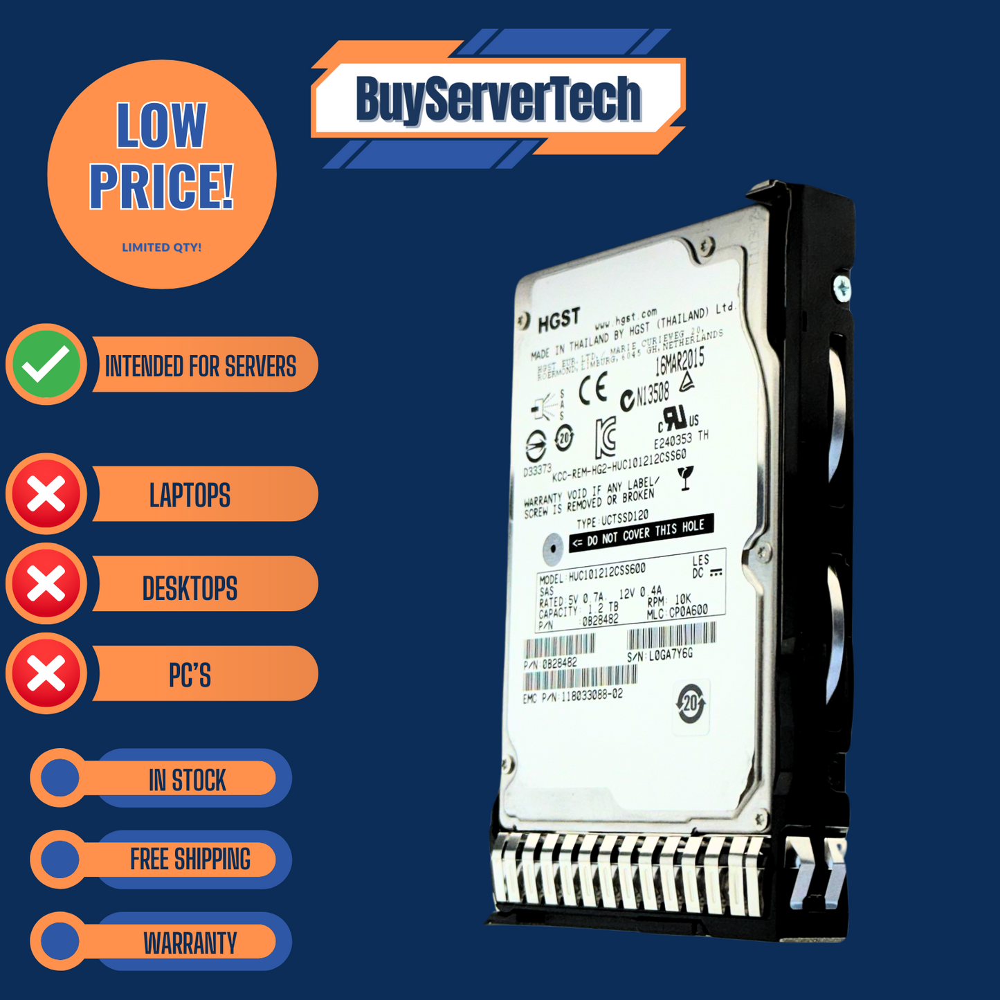 1.2TB 10K SAS 2.5" HDD 6Gbps | 0 Hours | HP DL360 DL380 G8 G9 G10 | Tray | 1YR