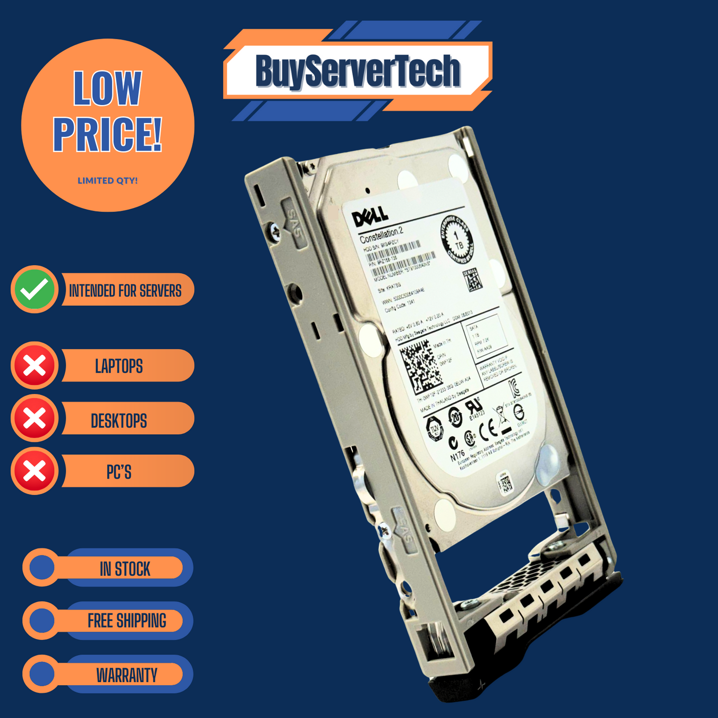 Dell 0WF12F 1TB 7200RPM SATA 2.5" 6Gb/s HDD R610 R620 R630 R710 R720 R730