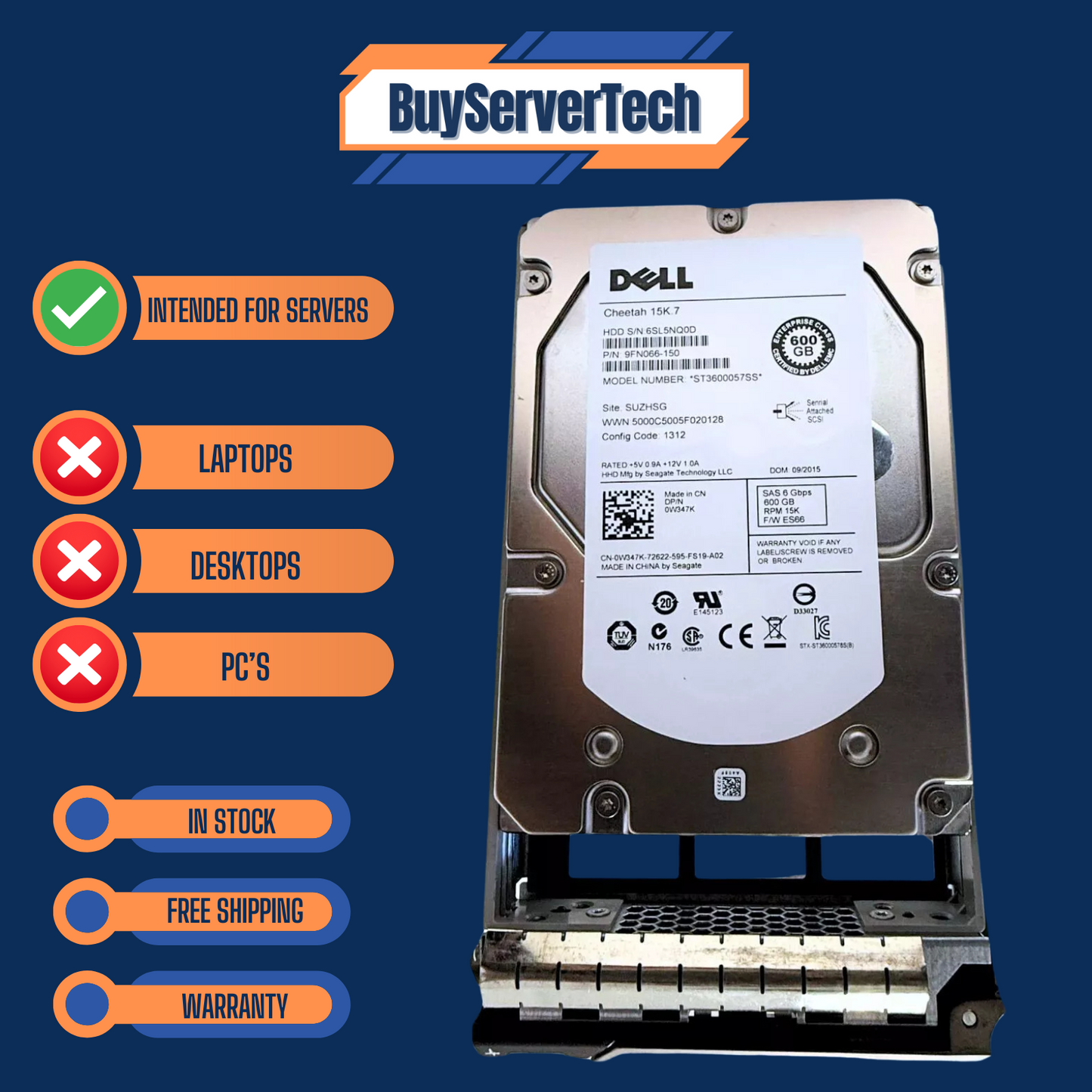 Dell W347K ST3600057SS 600GB 15K RPM 6Gb/s 3.5" SAS 0W347K HDD | (NEW 0 HOURS)
