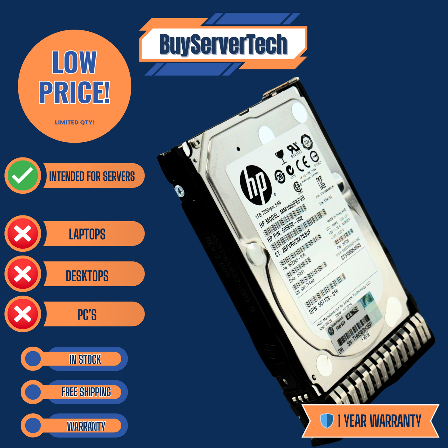 HP 605835-B21 606020-001 1TB 7.2K RPM SAS 6Gb/s 2.5" HDD | Server Use Only | 1YR