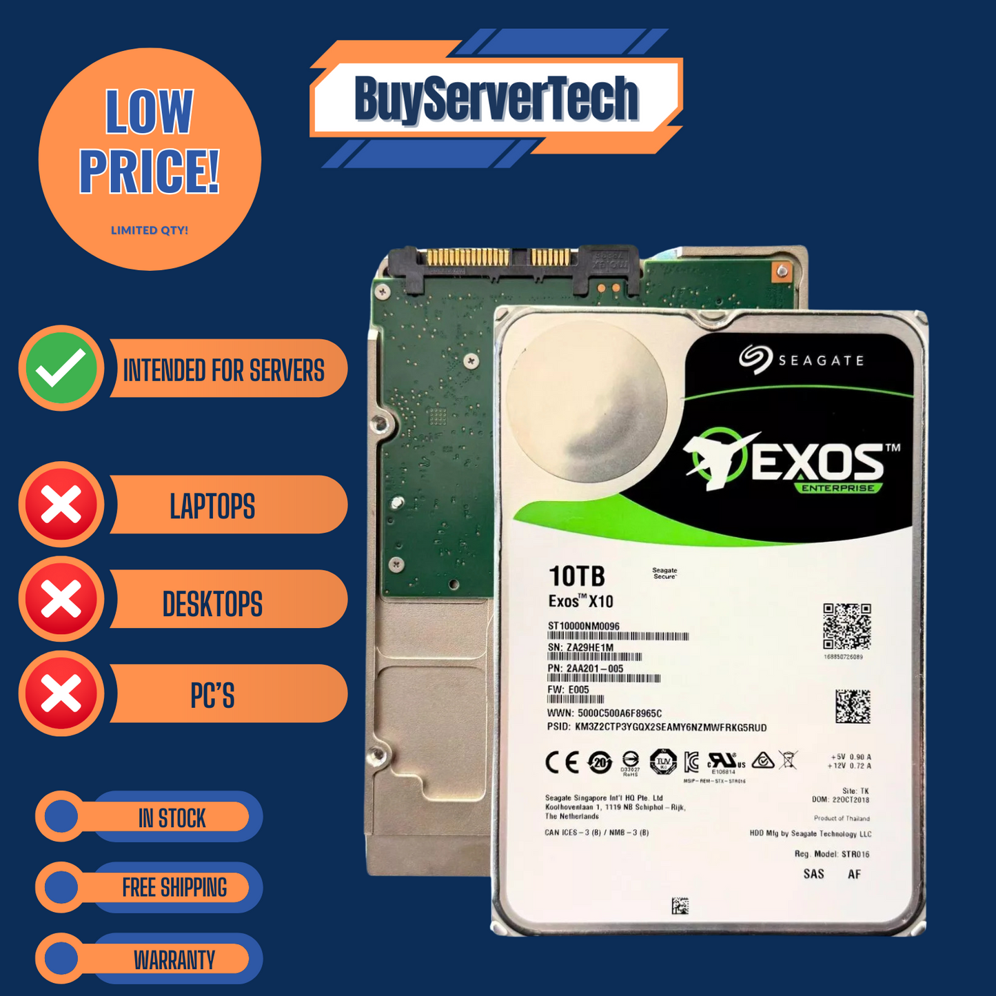 Seagate Exos ST10000NM0096 10TB 7200RPM 12Gb/s 256MB 3.5" SAS Enterprise HDD